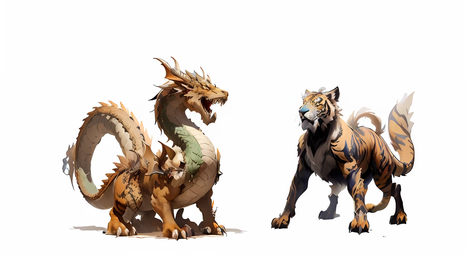 ond dragon and one tiger on a white background, chinese dragon concept art, from pathfinder, monstrous animal statues, by Li Zai, dragons, yiqiang and shurakrgt, krenz cushart and wenjun lin, by Shen Quan, by Shen Zhou, feng zhu concept art, fantasy creature concept art