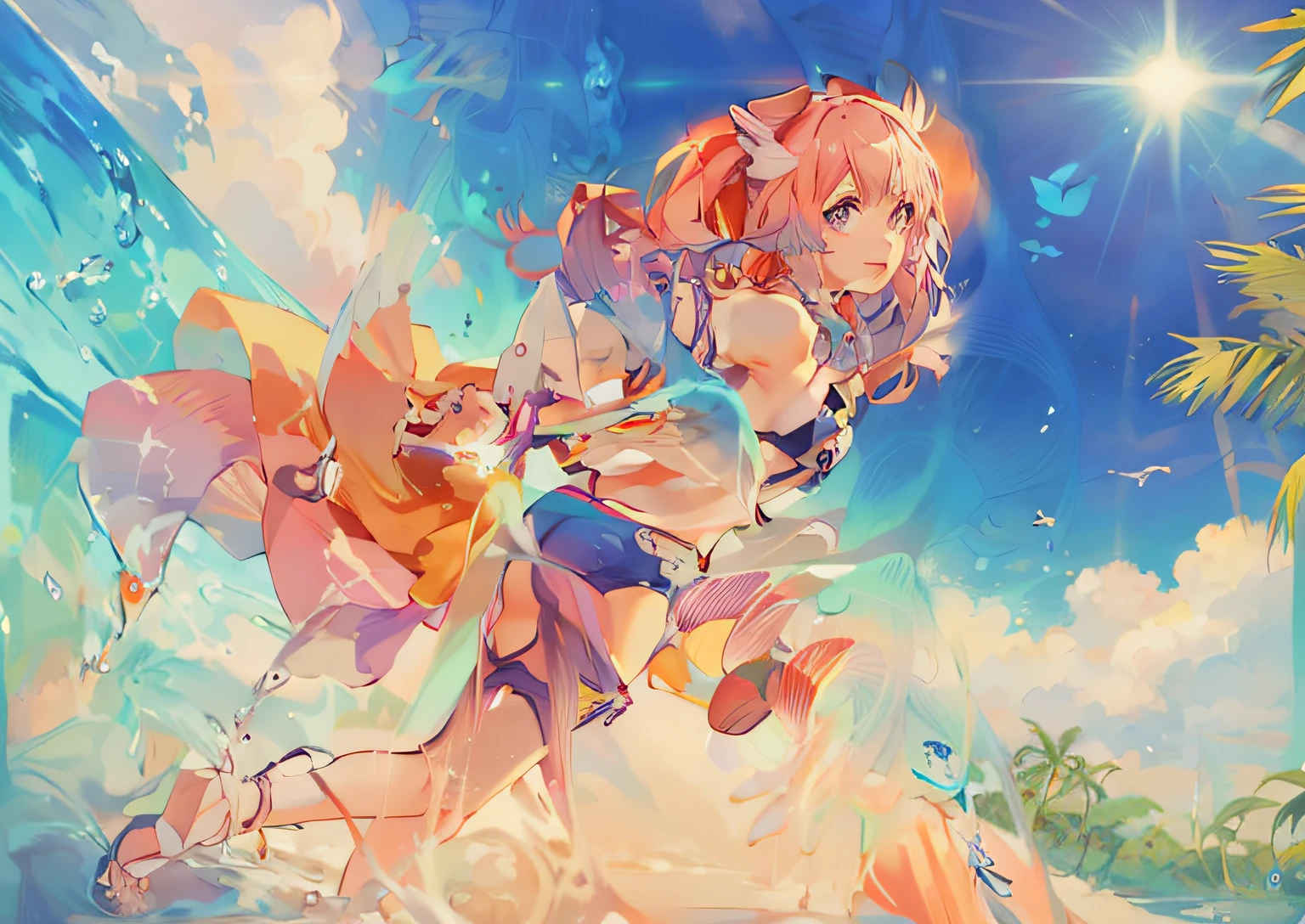 anime girl in a bikini top and shorts running on the beach, splash art anime , official anime artwork, Official artwork, anime visual of a cute girl, macross delta splash art, offcial art, Beautiful anime artwork, High Quality Anime Art Style, the goddess of summer, detailed key anime art, Clean and detailed anime art, Summer time, shirabii