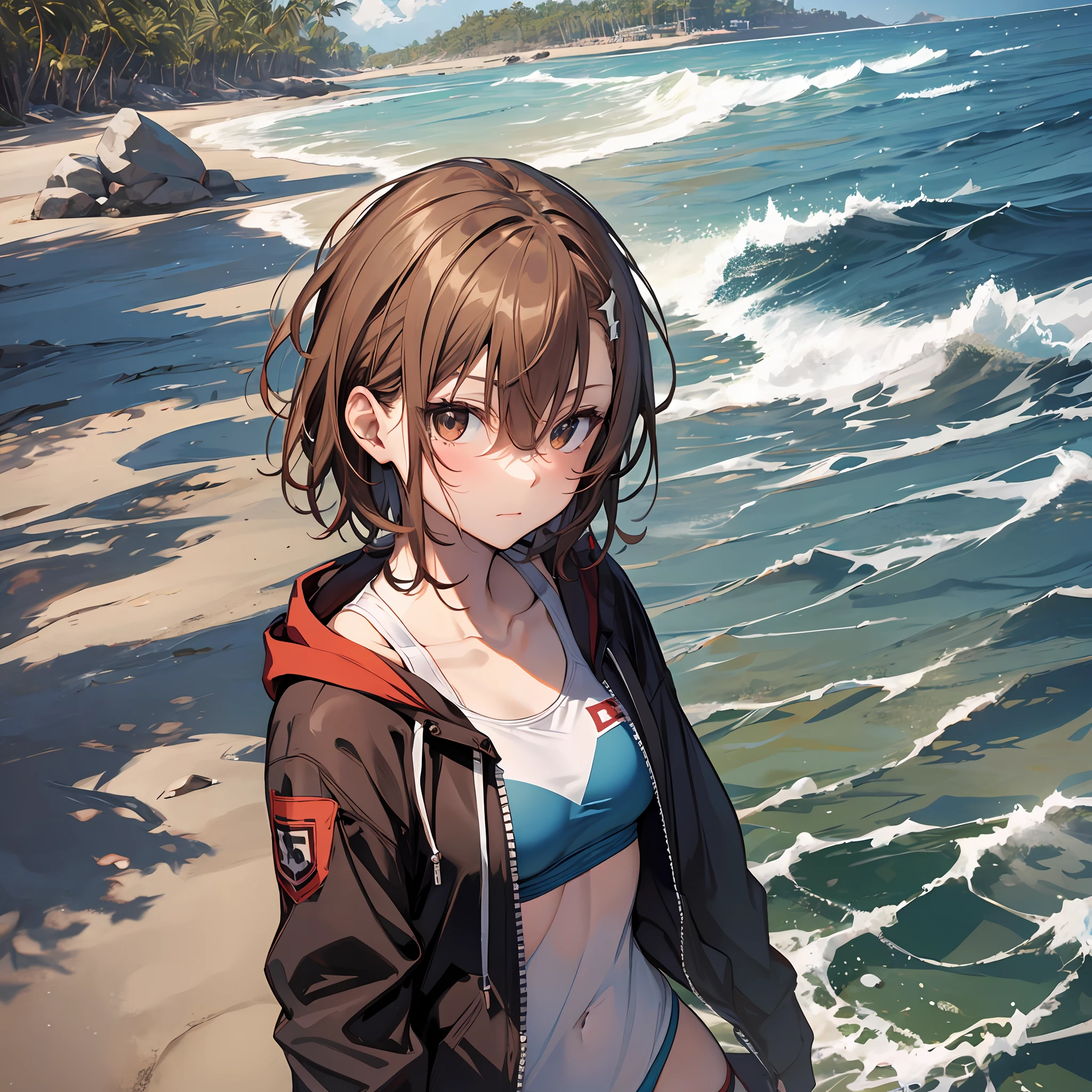 A masterpice, beste-Quality, Misaka_mikoto, Brown-eyed, Short_hair, Small_Breast, looking at the viewers red swim wear, random posing seas beach Cool face