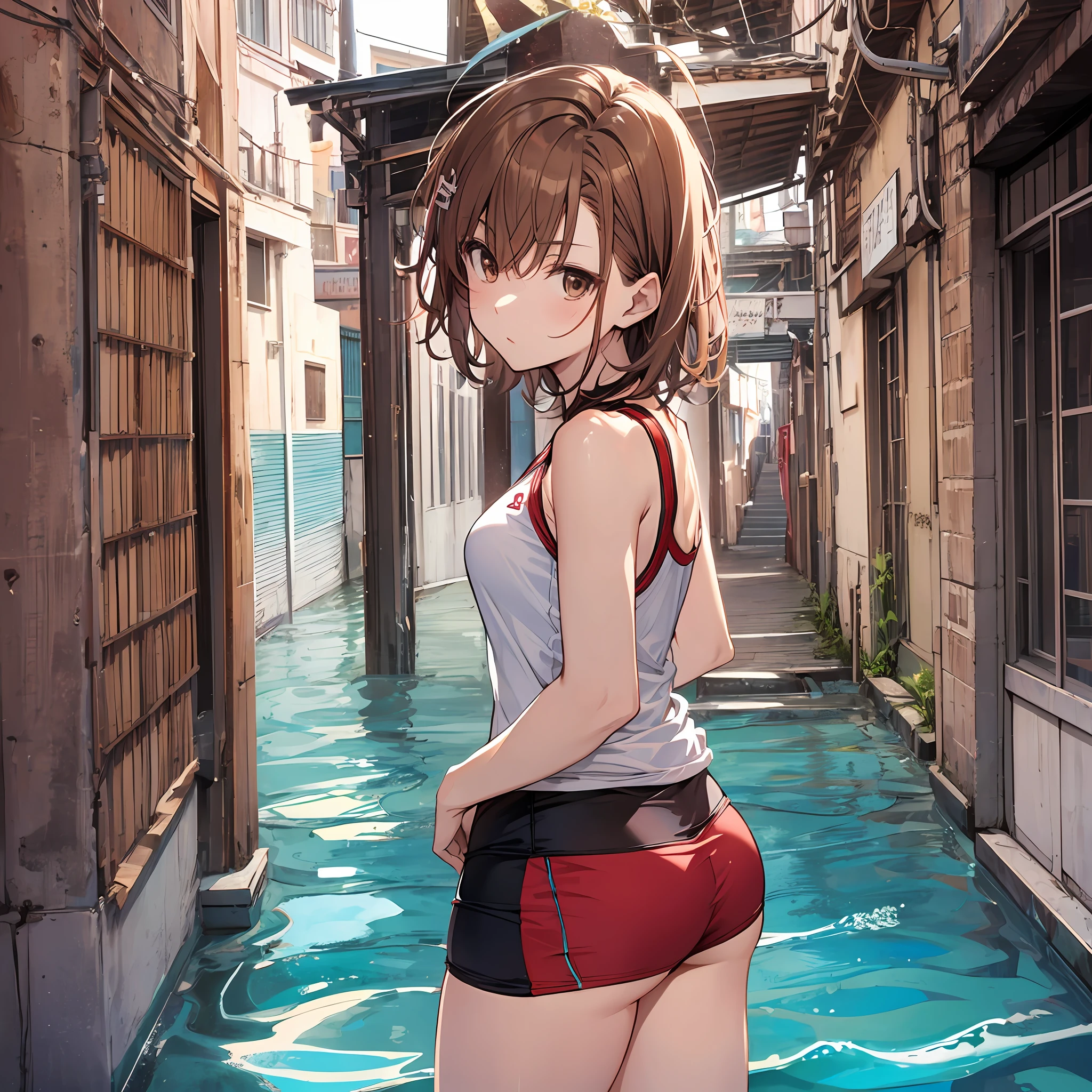 A masterpice, beste-Quality, Misaka_mikoto, Brown-eyed, Short_hair, Small_Breast, looking at the viewers　red swim wear, random posing　seas　beach　　Cool face