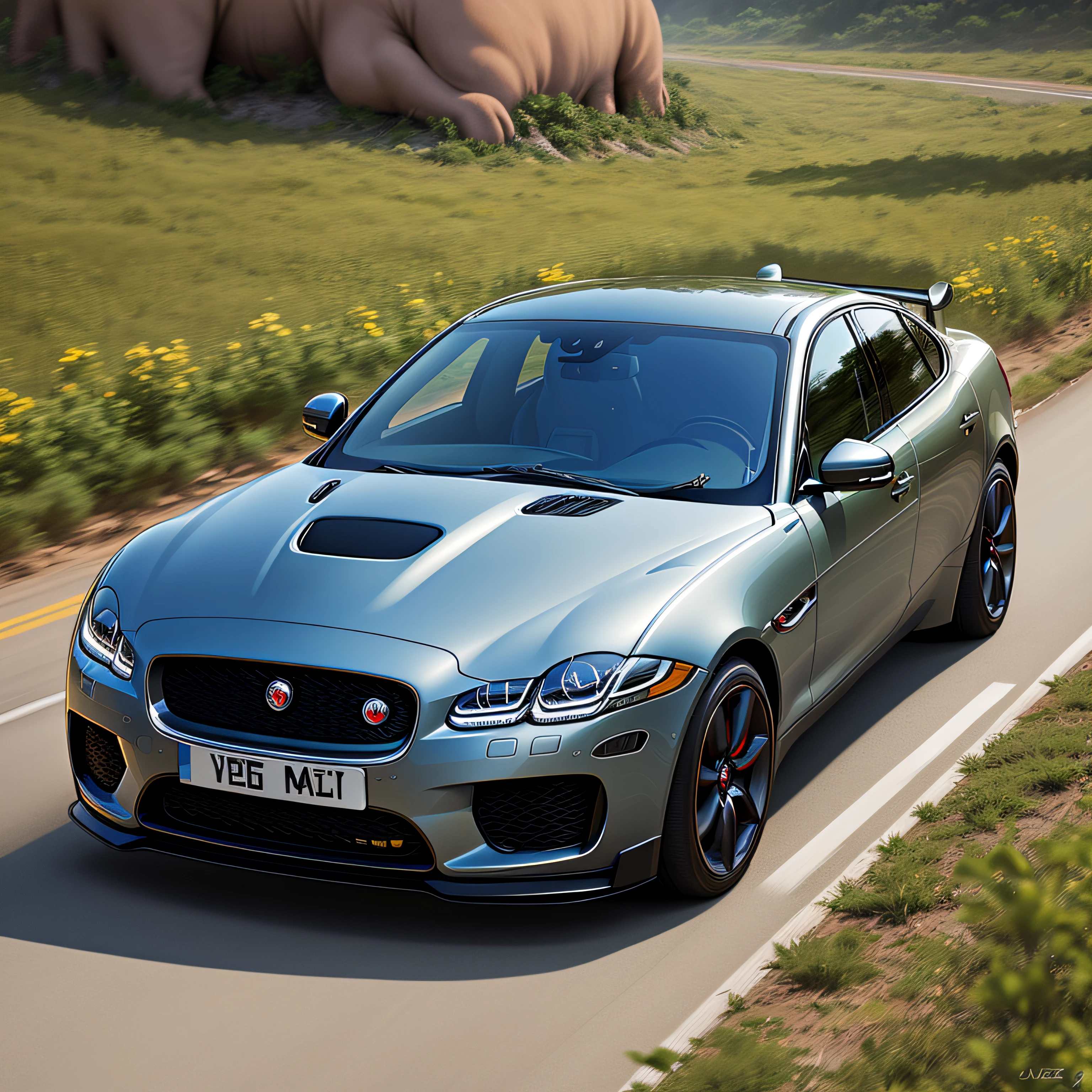 arafed blue car parked on a grassy hill with a mountain in the background, une photo de Juergen von Huendeberg, Flickr (en anglais), renaissance, jaguar, hyper realistic ”, hyper realistic ”, photorealistic ”, photorealistic ”, rendering, hyperrealistic ”, hyperrealistic ”, super realistic", late 2000’s, ultra realistic ”, ultra realistic ”, XF IQ 4 --auto
