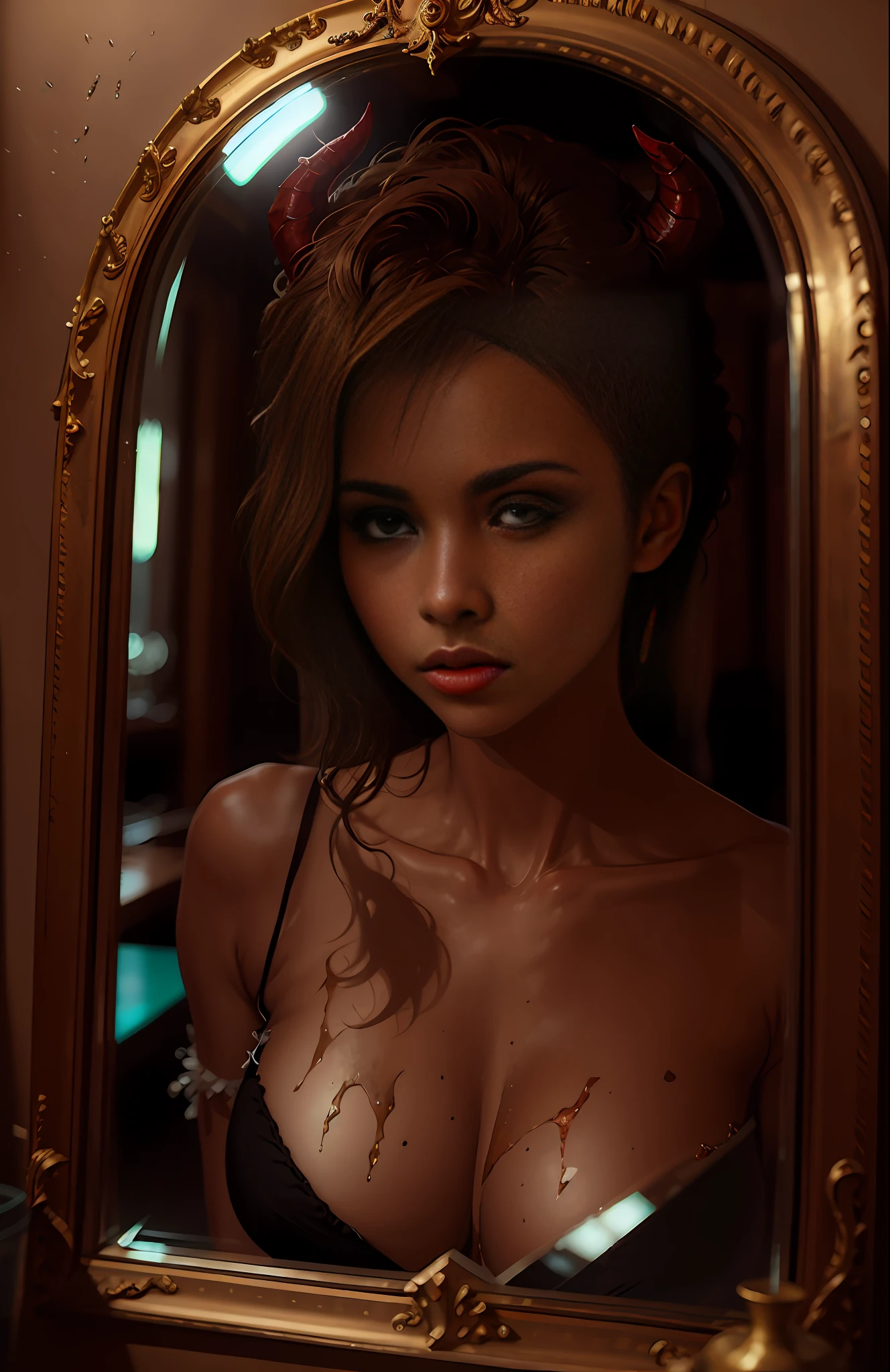 Style-Glass, award winning photo, masterpiece, highest quality, solo focus, woman, (red skin:1.3), demoness, (demon:1.3) breaking through a mirror, by lee jeffries nikon d850 film stock photograph 4 kodak portra 400 camera f1.6 lens rich colors hyper realistic lifelike texture dramatic lighting unrealengine trending on artstation cinestill 800, sfw:1.2