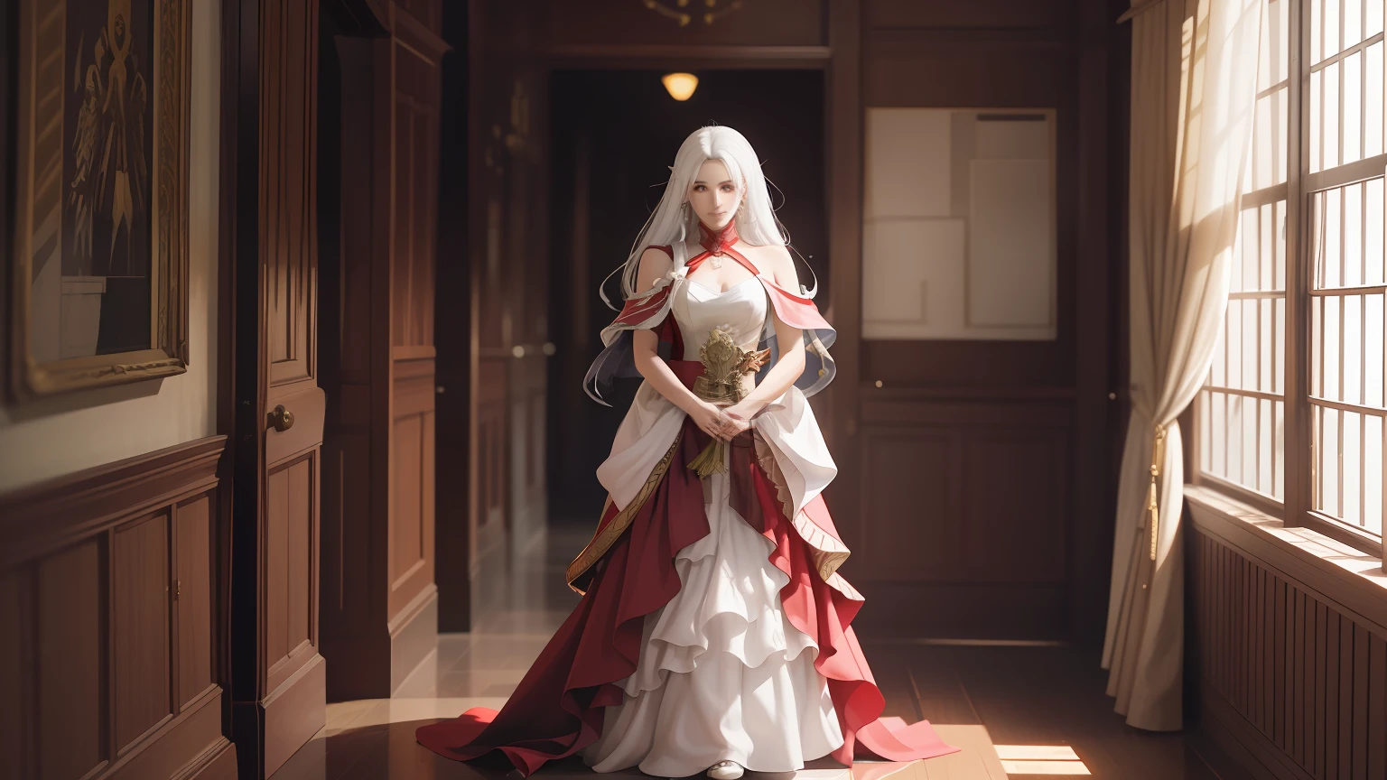 there is a woman in a red and white dress standing in a room, a picture by Okada Beisanjin, trending on cg society, shin hanga, edelgard fire emblem, captured on canon eos r 6, edelgard from fire emblem, in monster hunter armor, from ncsoft, tifa lockhart with white hair, ad image