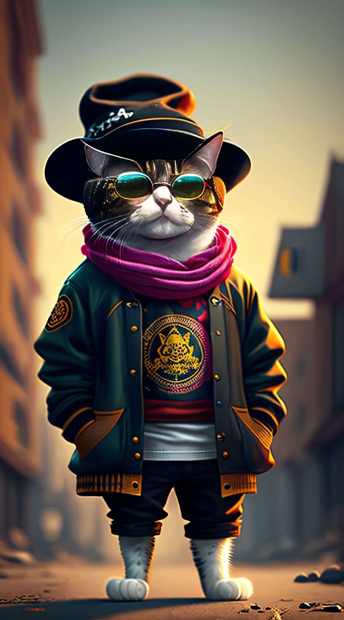 Image of a cat with a hat and scarf, artstation trend, dressed in punk clothes, hyper realistic detailed rendering, British gang members, Urban style, Intimidating posture,standing pose,Wearing sunglasses, Cat Planet, Fashional clothing, urbansamurai, meow, West Slavic features, circular design, shirt design