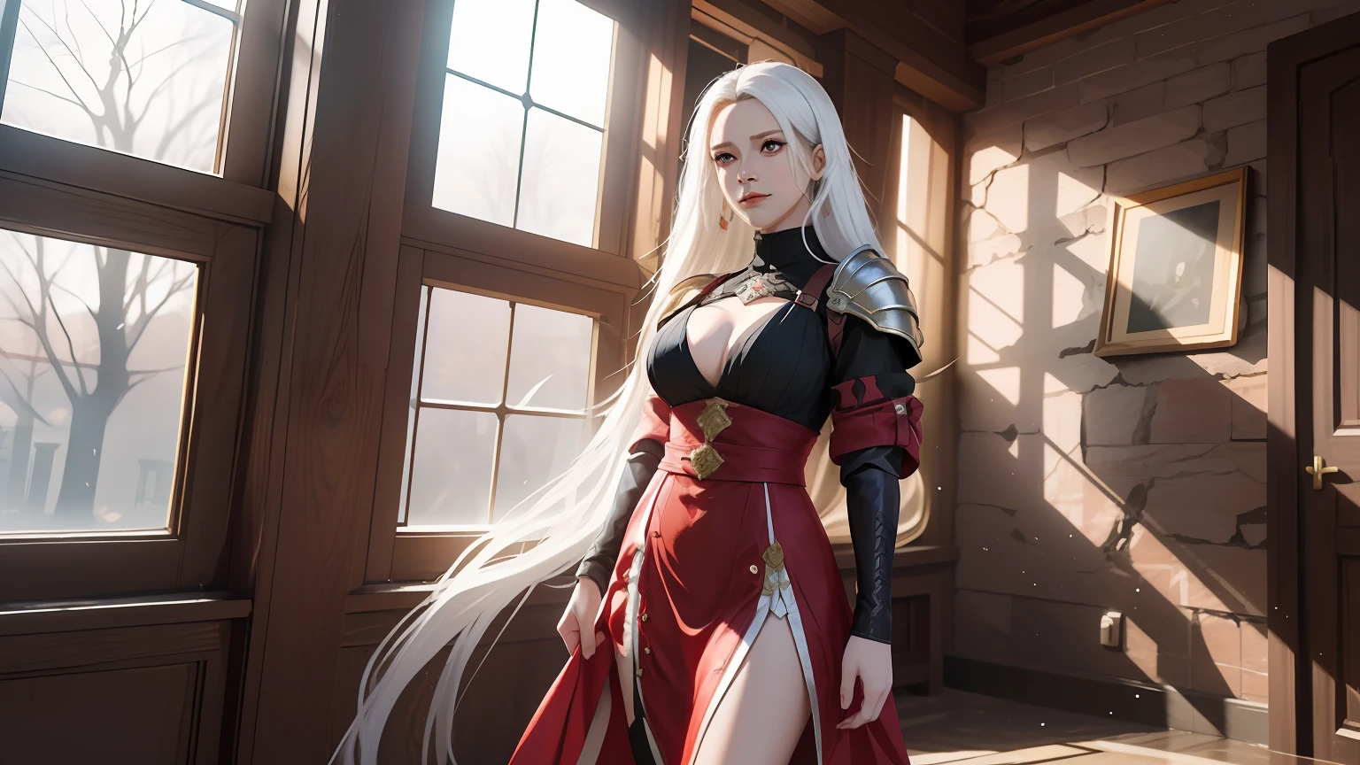 there is a woman in a red and white dress standing in a room, a picture by Okada Beisanjin, trending on cg society, shin hanga, edelgard fire emblem, captured on canon eos r 6, edelgard from fire emblem, in monster hunter armor, from ncsoft, tifa lockhart with white hair, ad image