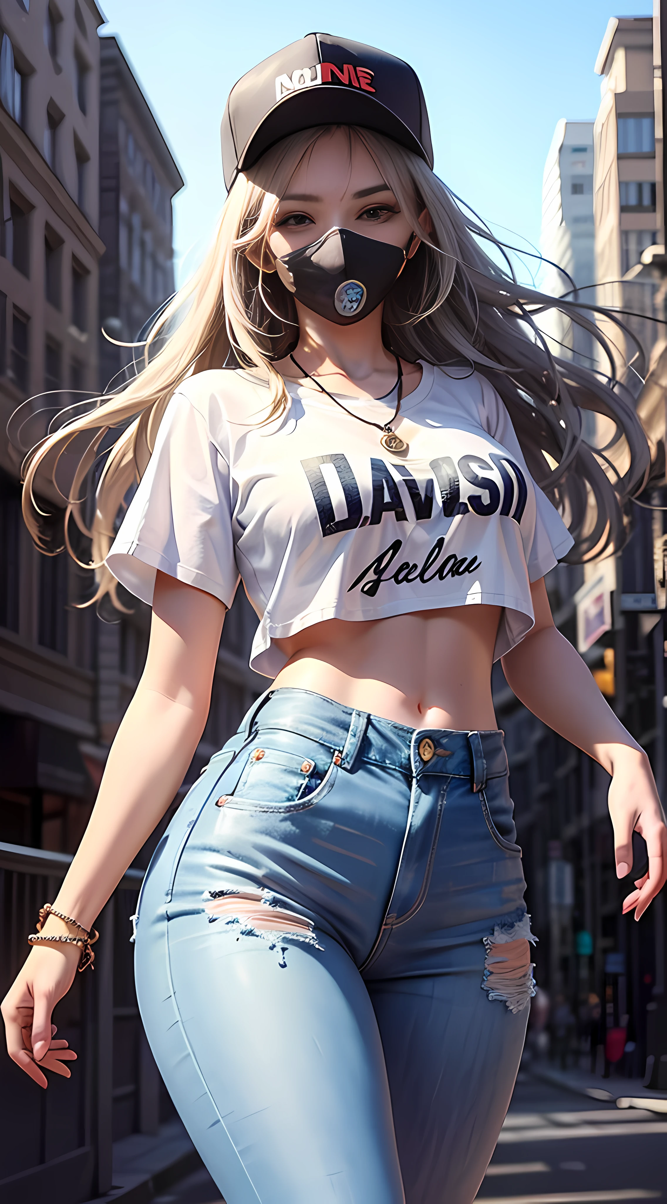 Ultra high quality,8K,Girls do not show their breasts,High cold wind,mouth mask,red lip,The head proportions are perfect,silverlong hair,With baseball cap,Letter T-shirt,Denim pants,Swan neck,brimming with sunshine,necklace of diamonds,The body is well-proportioned,The color of the clothing is bright, high saturation and,High detail depiction,