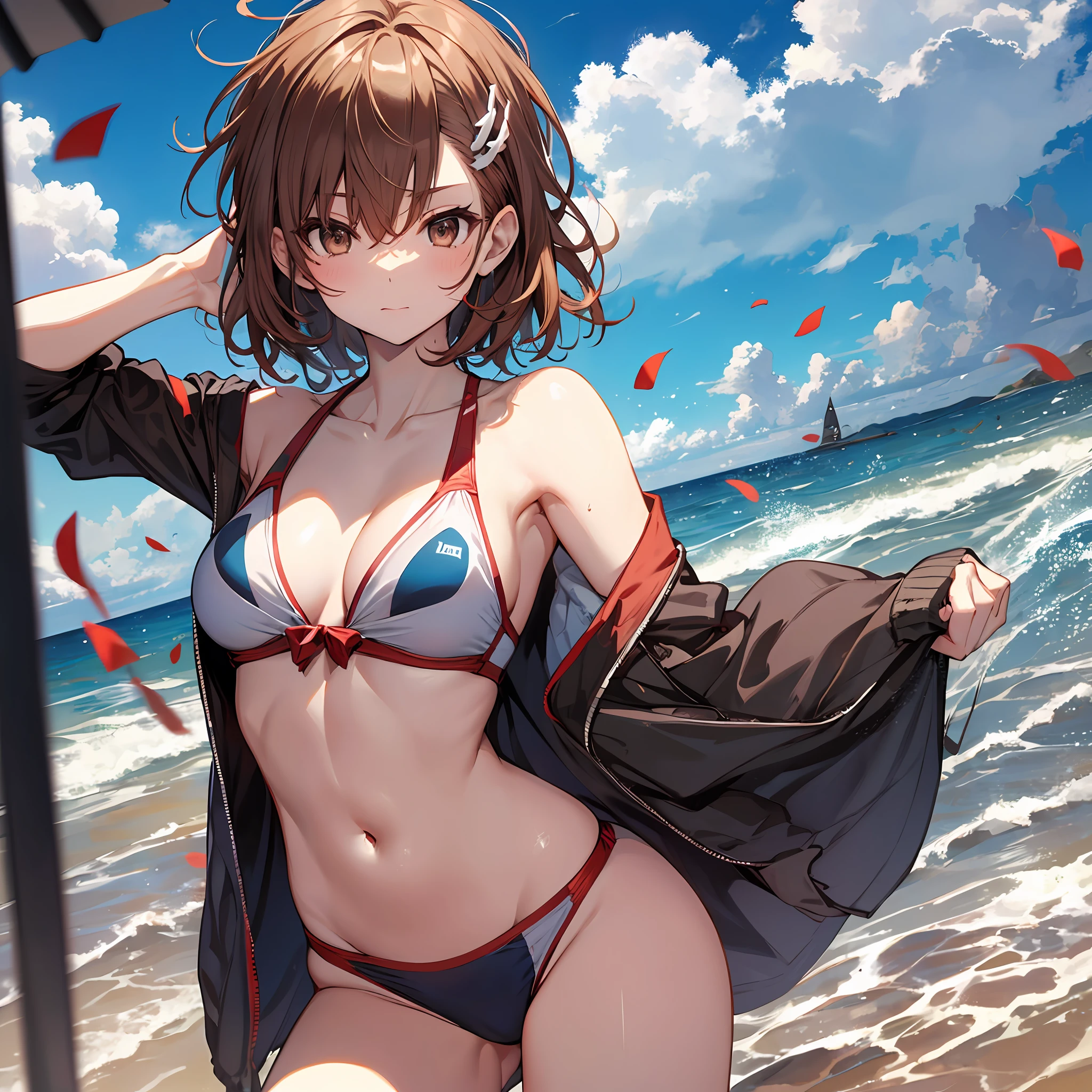A masterpice, beste-Quality, Misaka_mikoto, Brown-eyed, Short_hair, Small_Breast, looking at the viewers red swim wear, random posing seas beach Cool face