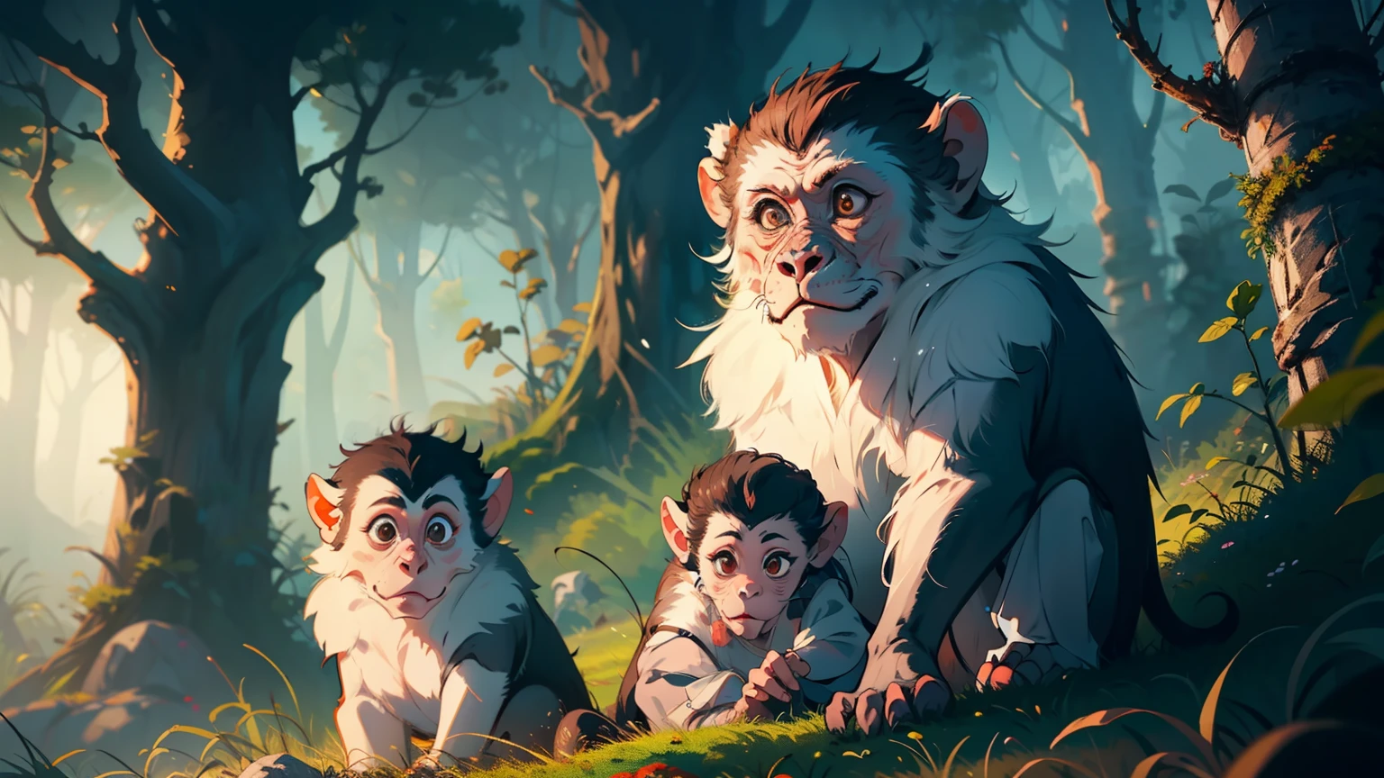 Scared little monkeys，There are a few big monkeys watching the excitement around the side，In the woods，The background is a dense mountain，Ancient wind，Beautiful CG quality，Clear and detailed description，Hearty shots，Rich and superb local details，Intoxicating light and shadow effects，Beautiful and beautiful overall atmosphere