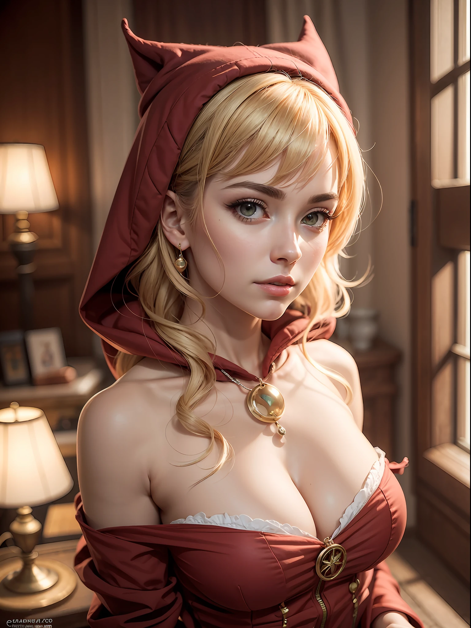 Hay una mujer con una sudadera con capucha roja sentada en una silla, thief red riding hood, jessica nigri, Caperucita Roja, Caperucita Roja, cosplay glamuroso, crimson themed, Ayaka Cosplay, Fotos de cosplay, cosplay, cosplay de capucha roja, Traje de diablo muy sexy, , Elegante cosplay glamuroso, caja, fantasy photoshoot, obra maestra, mejor calidad, (obra maestra), (mejor calidad: 1.4), (ultra altas: 1.2), (hiperrealista: 1.4), (fotorrealista: 1.2), Altamente detallado CG unidad 8k papel tapiz, estilo de toma, complejo, Alto detalle, dramatic, Highest quality film still image, muy detallado, obra maestra, mejor calidad, estilo de renderizado ultra detallado realista, luz natural, Crisp character design, (enfoque duro, 8k), ((textura natural de la piel))), texturas 8k, Soft cinematic lighting, sala de luces de adobe, HDR, sofisticado, detalles ricos, sharpen focus, (((Movie appearance))), tonos suaves, Frenzy of details, Detalles intrincados, Super details, bajo contraste, soft film lighting, Sensual, Hottie, Lascivo, voluptuoso