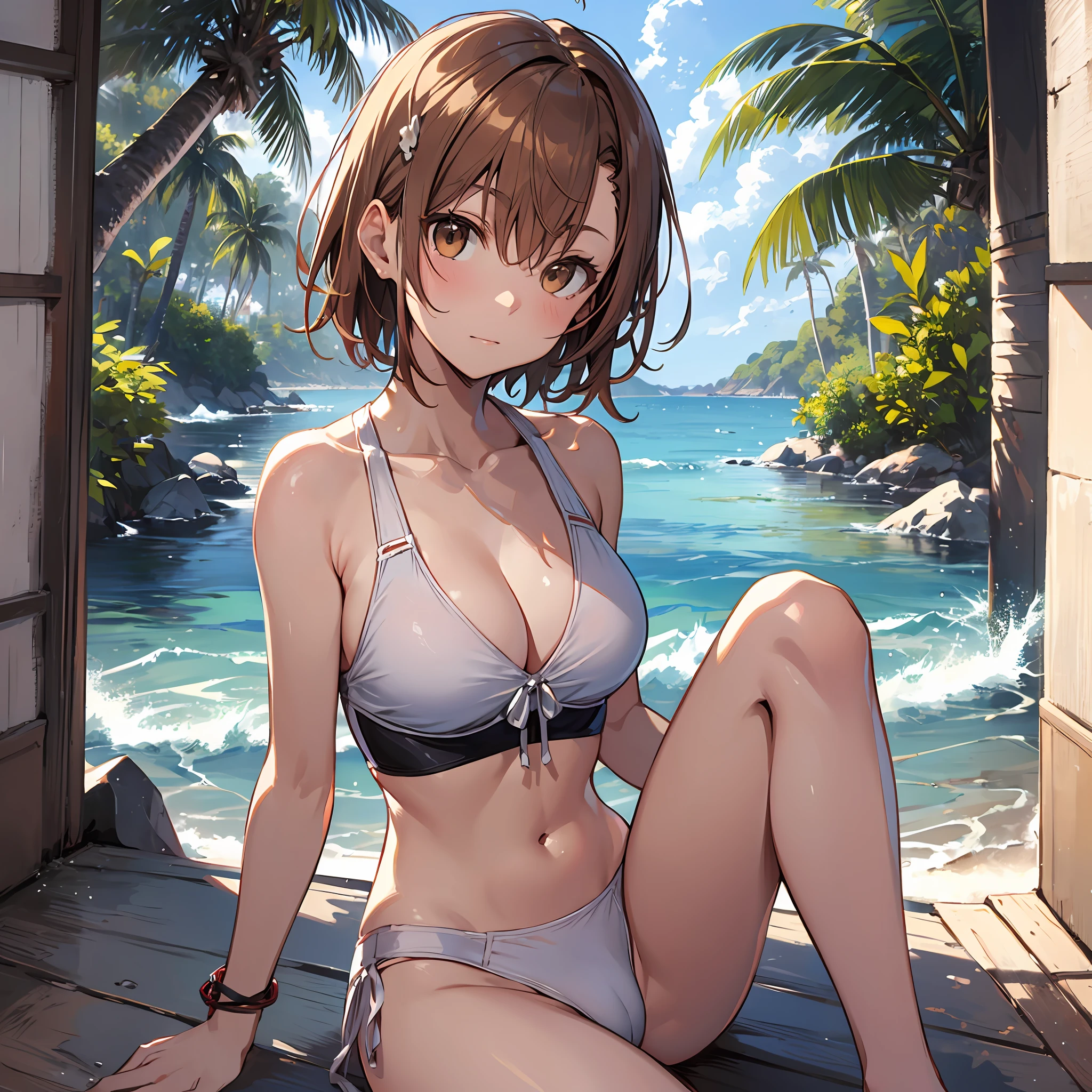 A masterpice, beste-Quality, Misaka_mikoto, Brown-eyed, Short_hair, Small_Breast, looking at the viewers red swim wear, random posing seas beach Cool face