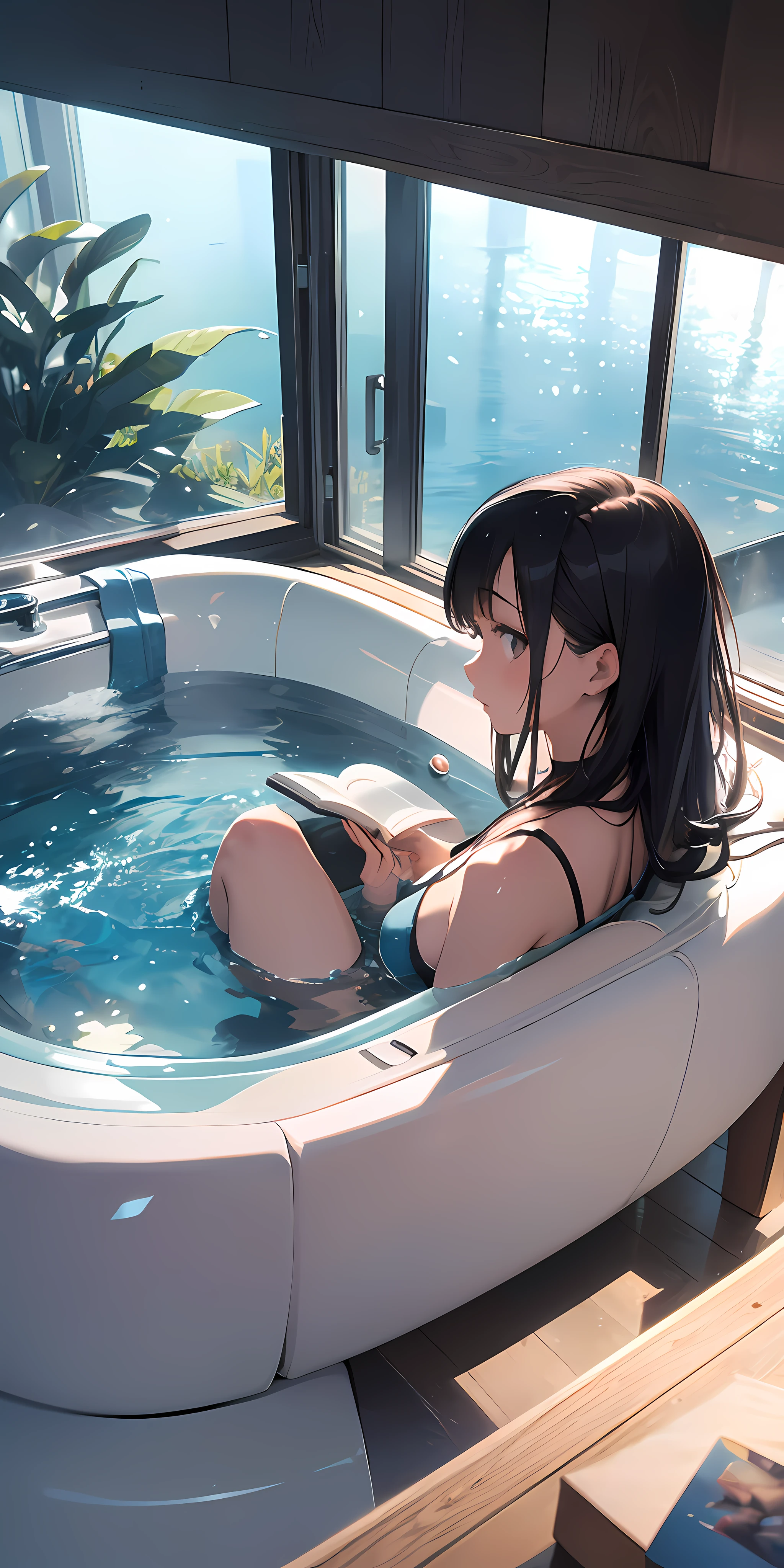 ((photorealistic)), ultra-detailed, luxury life, masterpiece, (1girl), beautiful face, sleek hair, luxurious jacuzzi, modern, clear water, floating, futuristic atmosphere, holding a book, reading quietly.