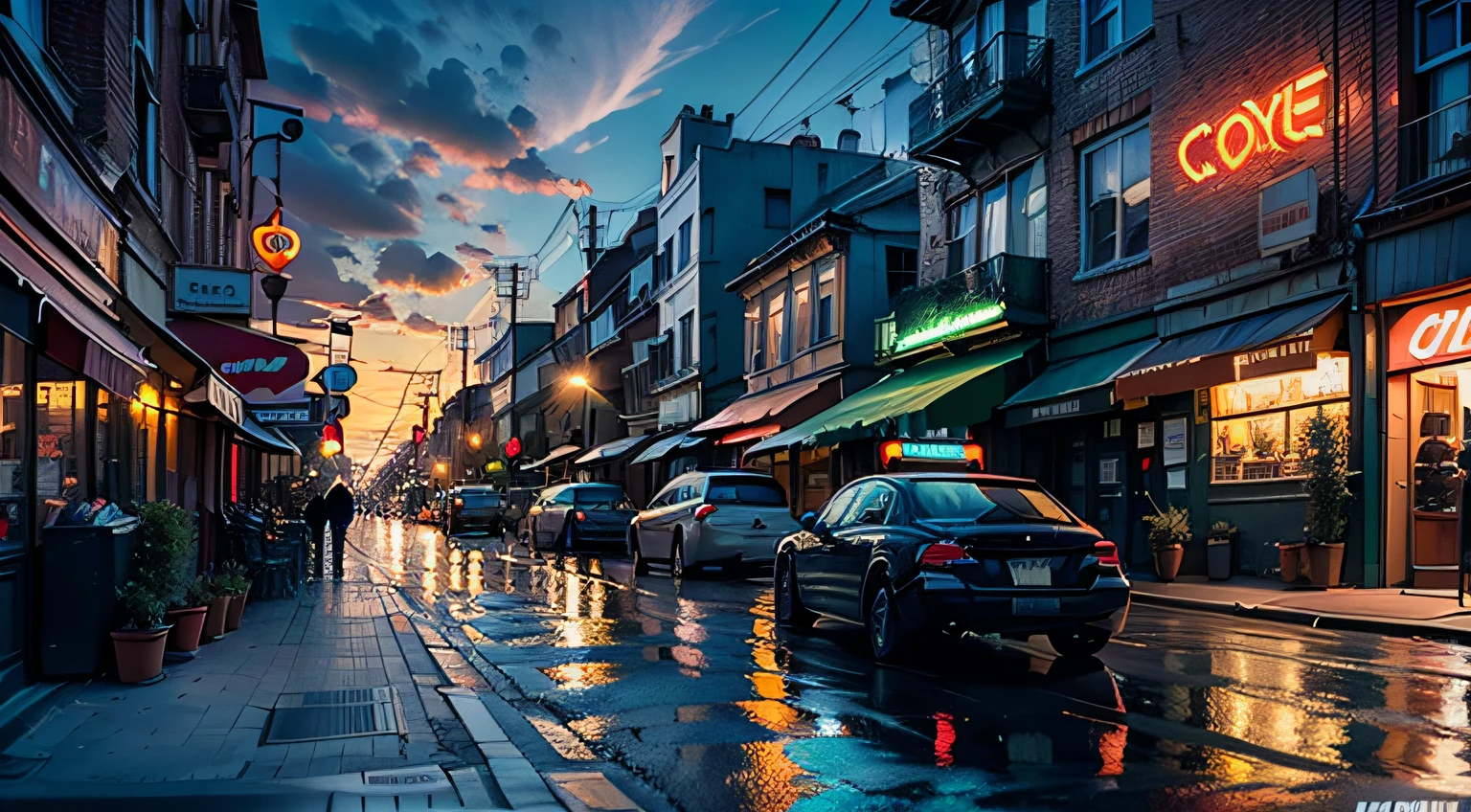 (realistic photo) of (the city at dusk) featuring (a street with parked cars) and (neon lights and glowing lights).