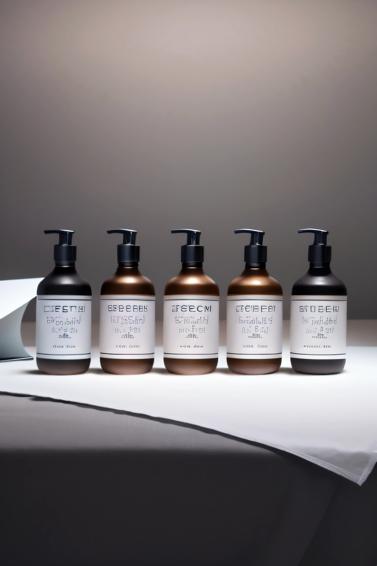 Five bottles of liquid are placed on the table,Next to it is a roll of paper, product photograph, dark-toned product photos, professional product shot, products shot, Product photography, Whole human body, Whole human body, professional product photo, product image, photoshoot for skincare brand, pristine skin, detailed product image, sleek hands, Full body, Skincare, studio product shot