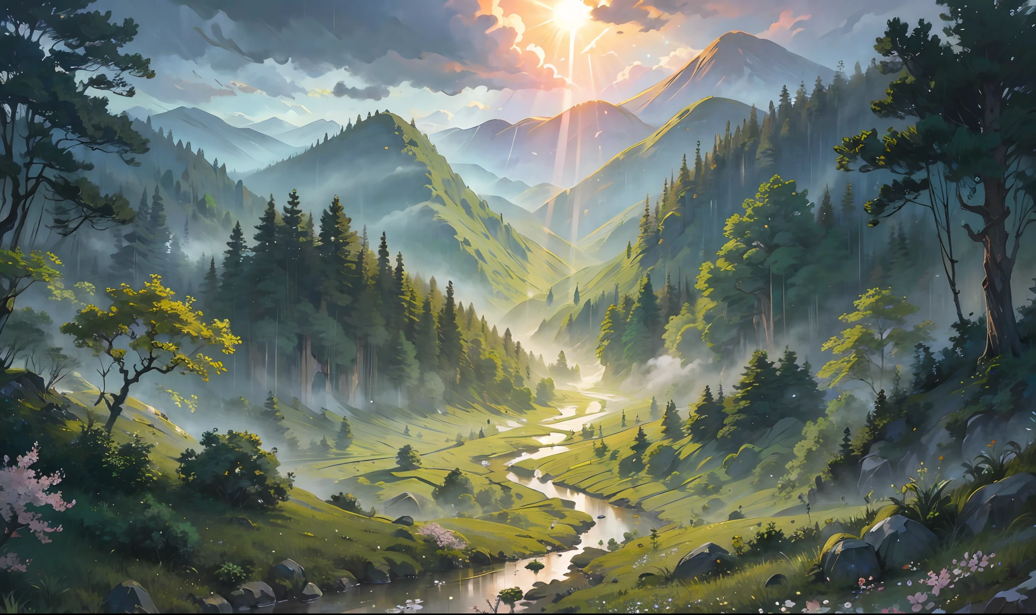 masterpaintings，8K，forested，grass field，rainforests，moutains，Ancient ruins，The cloudy，white blossoms，Sun'rays，Incredible light source，Elevation viewing angle，stunning lighting effects，A spectacle of pure natural beauty，