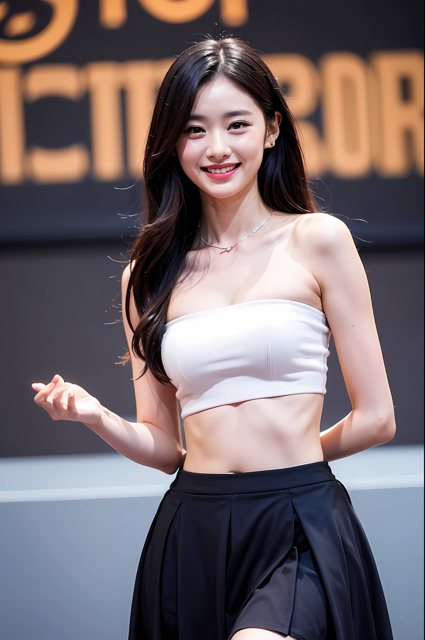 (Highly detailed body,Highly detailed face,Highly detailed clothing,the best quality:1.2) ,a woman with,length hair ,Smile at the audience,(White bandeau top,Black market jk skirt,Open navel)