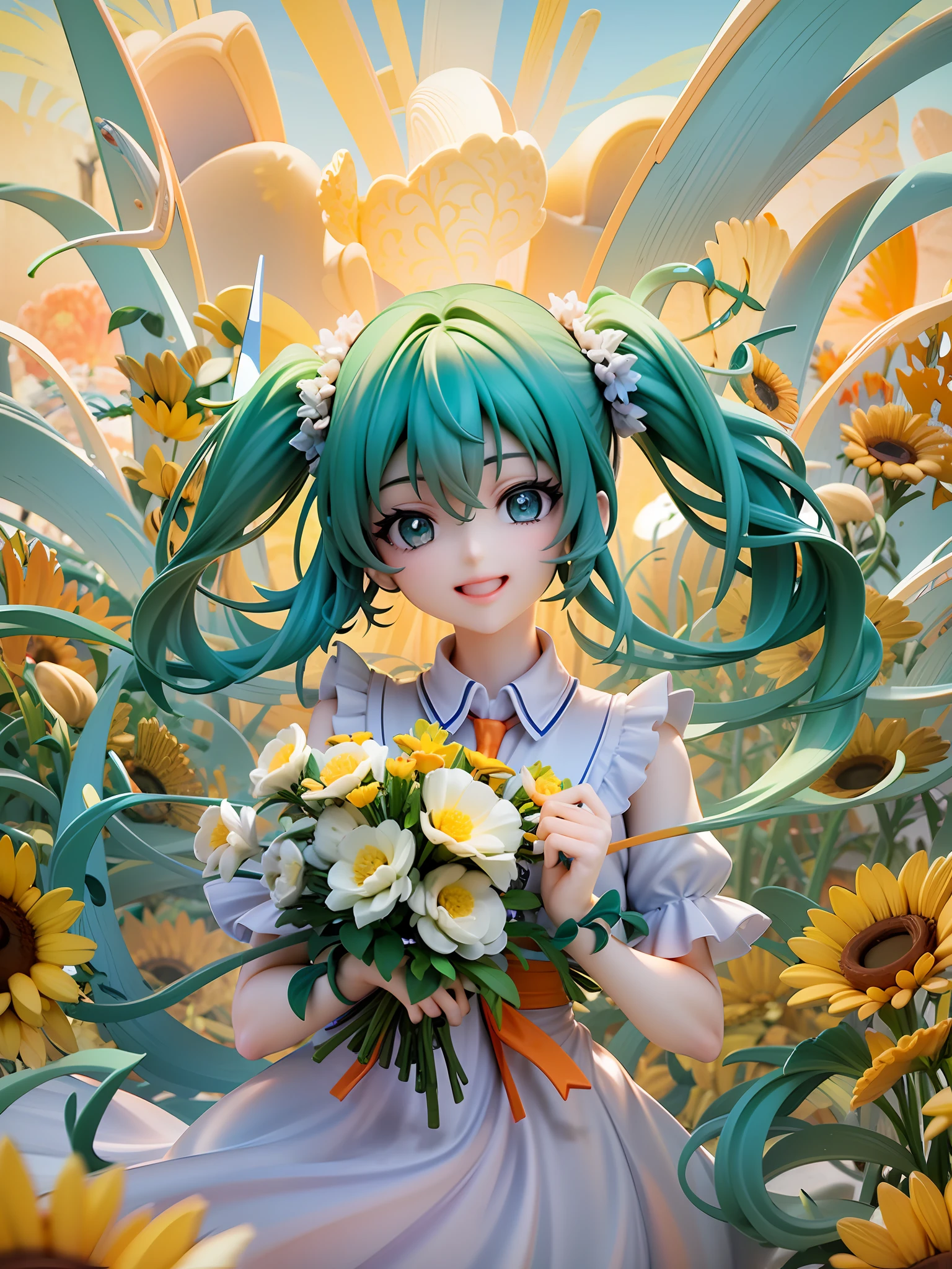 Girl, green hair, twintile, green eyes, beautiful eyes, smile, happy, white dress, bouquet, holding with both hands, upper body, on grassland, golden sky