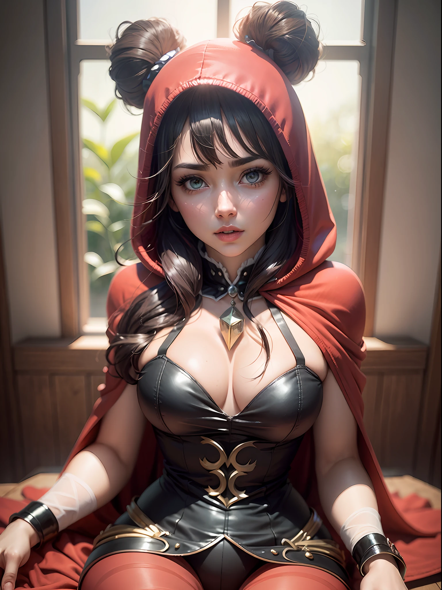 Hay una mujer con una sudadera con capucha roja sentada en una silla, thief red riding hood, jessica nigri, Caperucita Roja, Caperucita Roja, cosplay glamuroso, crimson themed, Ayaka Cosplay, Fotos de cosplay, cosplay, cosplay de capucha roja, Traje de diablo muy sexy, loli, Elegante cosplay glamuroso, caja, fantasy photoshoot, obra maestra, mejor calidad, (obra maestra), (mejor calidad: 1.4), (ultra altas: 1.2), (hiperrealista: 1.4), (fotorrealista: 1.2), Altamente detallado CG unidad 8k papel tapiz, estilo de toma, complejo, Alto detalle, dramatic, Highest quality film still image, muy detallado, obra maestra, mejor calidad, estilo de renderizado ultra detallado realista, luz natural, Crisp character design, (enfoque duro, 8k), ((textura natural de la piel))), texturas 8k, Soft cinematic lighting, sala de luces de adobe, HDR, sofisticado, detalles ricos, sharpen focus, (((Movie appearance))), tonos suaves, Frenzy of details, Detalles intrincados, Super details, bajo contraste, soft film lighting