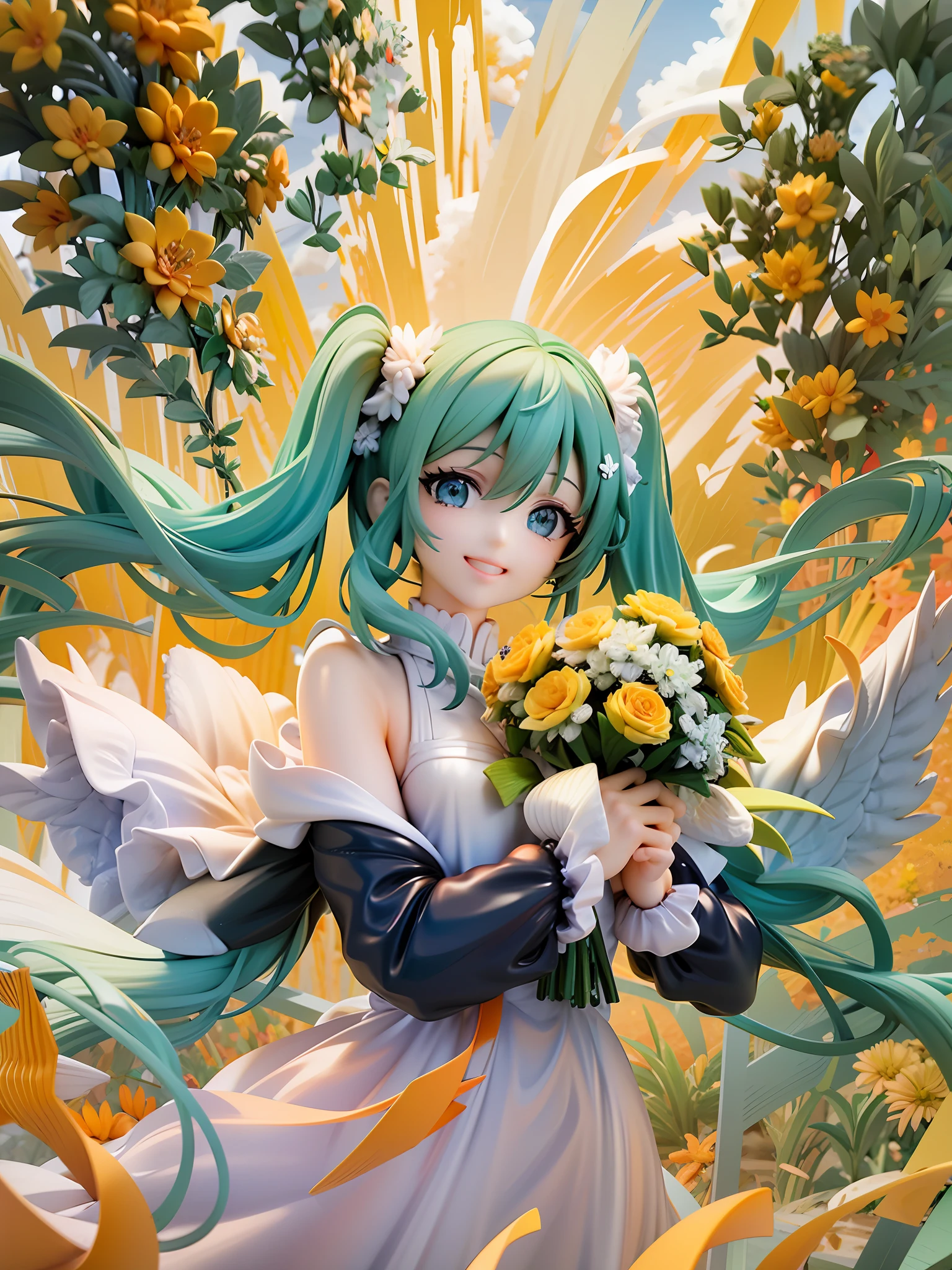 Girl, green hair, twintile, green eyes, beautiful eyes, smile, happy, white dress, bouquet, holding with both hands, upper body, on grassland, golden sky