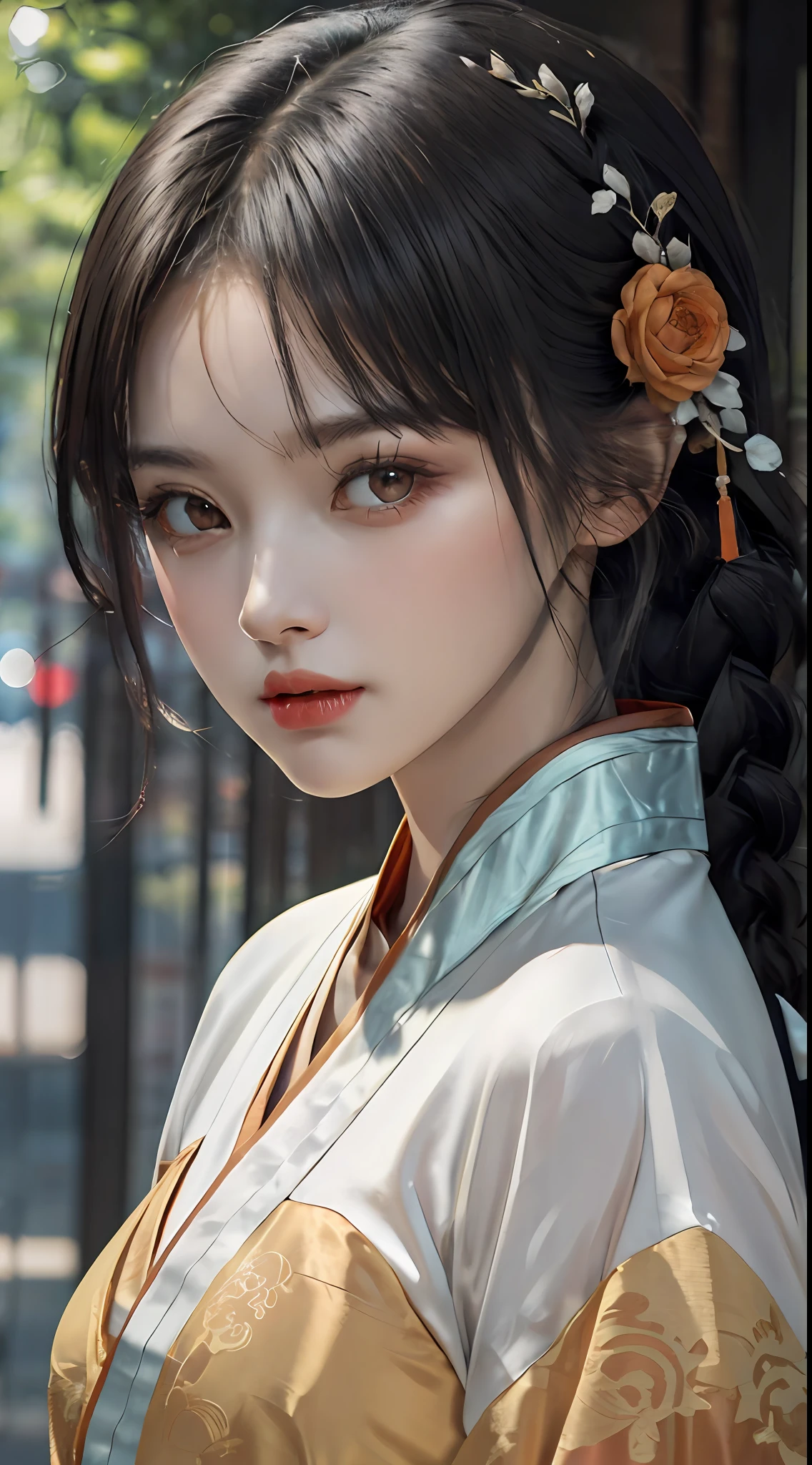 (Fluorescent color: 1.4), (Translucent: 1.4), (Vintage filter: 1.4), (Dream: 1.4), (Orange background: 1.4), (1 woman dressed (orange and white Hanfu: 1.4), Tang style, printed pattern, blunt bangs, black hair, braids), (portrait: 1.6), looking at the viewer, (masterpiece, 8k uhd, HDR, extremely detailed, intricate details, best quality, professional, bright colors),
