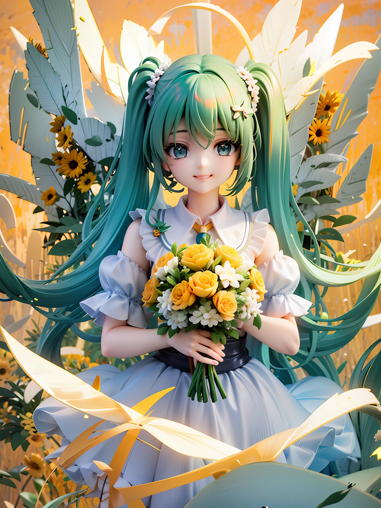 Girl, green hair, twintile, green eyes, beautiful eyes, smile, happy, white dress, bouquet, holding with both hands, upper body, on grassland, golden sky