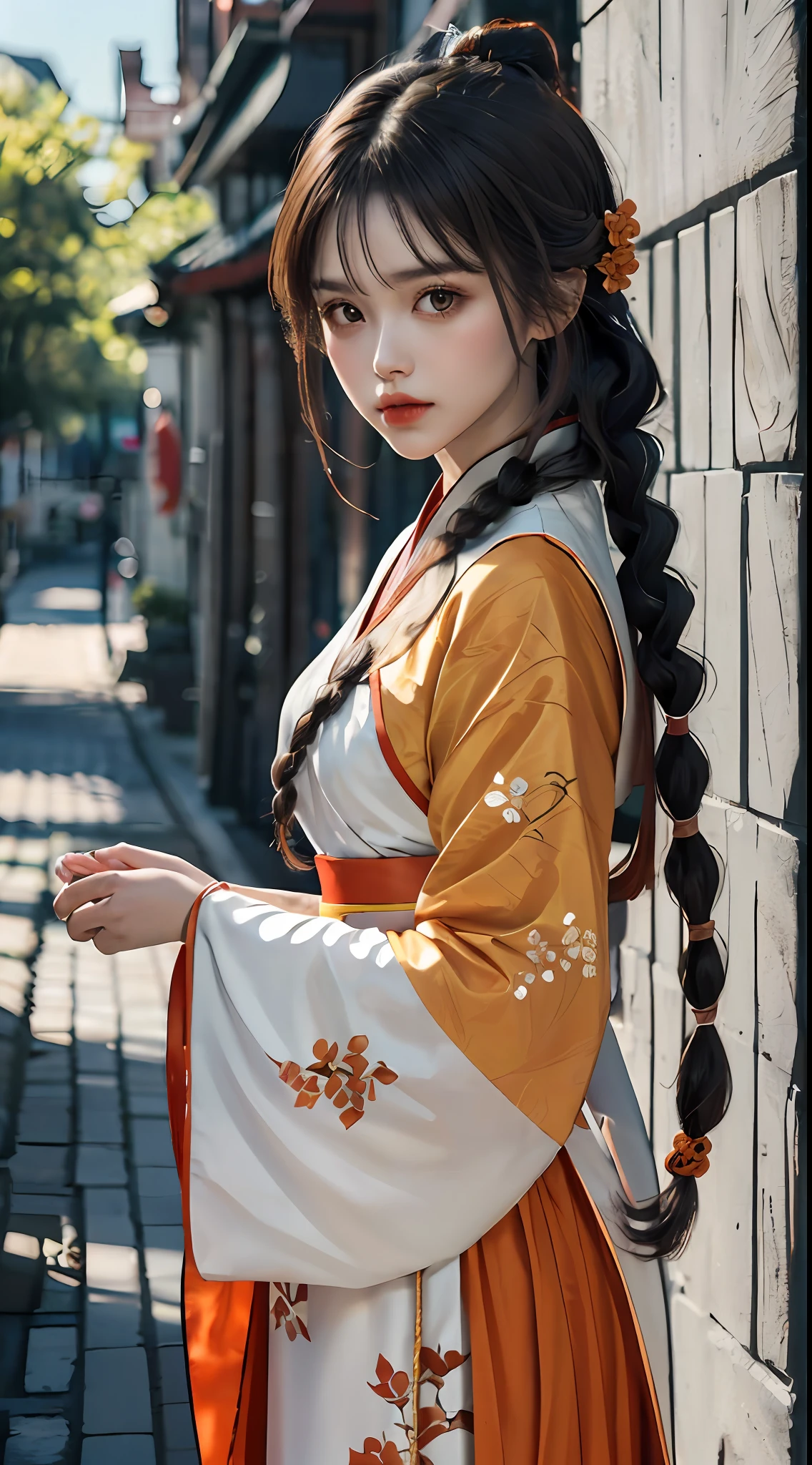 (Fluorescent color: 1.4), (Translucent: 1.4), (Vintage filter: 1.4), (Dream: 1.4), (Orange background: 1.4), (1 woman dressed (orange and white Hanfu: 1.4), Tang style, printed pattern, blunt bangs, black hair, braids), (portrait: 1.6), looking at the viewer, (masterpiece, 8k uhd, HDR, extremely detailed, intricate details, best quality, professional, bright colors),