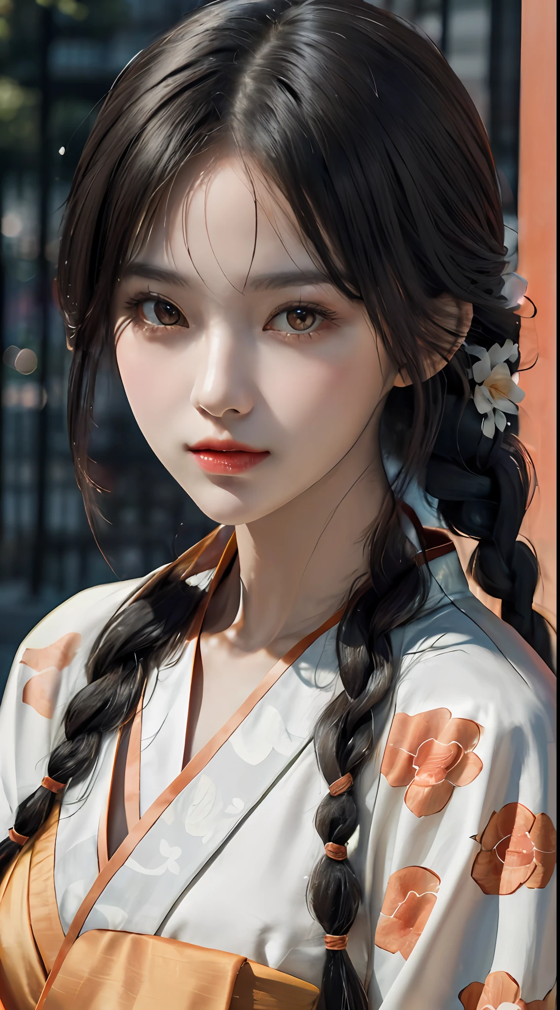 (Fluorescent color: 1.4), (Translucent: 1.4), (Vintage filter: 1.4), (Dream: 1.4), (Orange background: 1.4), (1 woman dressed (orange and white Hanfu: 1.4), Tang style, printed pattern, blunt bangs, black hair, braids), (portrait: 1.6), looking at the viewer, (masterpiece, 8k uhd, HDR, extremely detailed, intricate details, best quality, professional, bright colors),