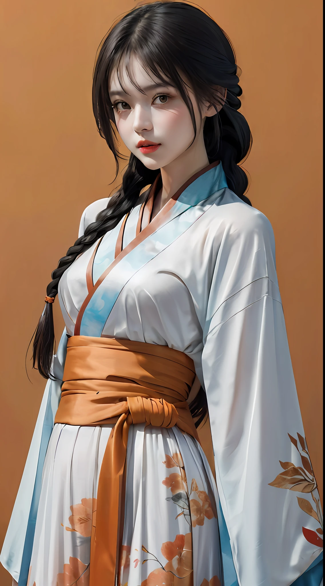 (Fluorescent color: 1.4), (Translucent: 1.4), (Vintage filter: 1.4), (Dream: 1.4), (Orange background: 1.4), (1 woman dressed (orange and white Hanfu: 1.4), Tang style, printed pattern, blunt bangs, black hair, braids), (portrait: 1.6), looking at the viewer, (masterpiece, 8k uhd, HDR, extremely detailed, intricate details, best quality, professional, bright colors),