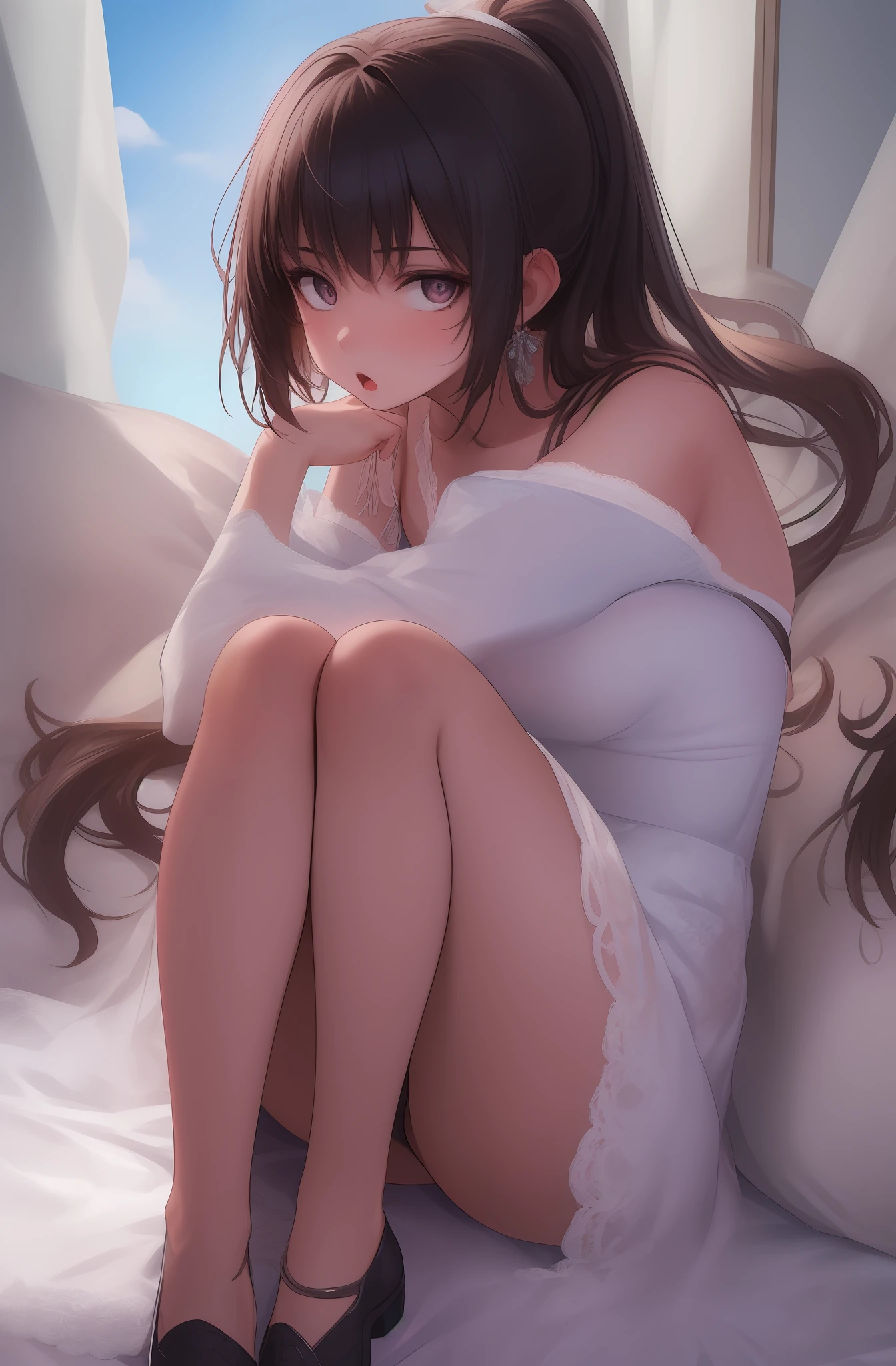 ((masterpiece)), (best quality), (detailed), 1girl,
looking at viewer, surprised, knees up,
long chestnut hair, ponytail,
intricate lace lingerie,
sky, vivid colors, sharp focus,