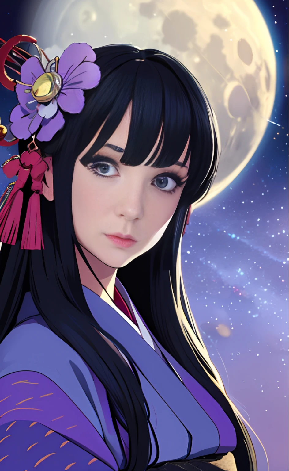 Mature Girl、black har、Delicate and smart eyes、purple and white kimono、Simple accessories、astrologer、FOV、F1.8、A masterpice、Moon Night、Frontal portrait shot、Chang'e、Looking here、Facing forward