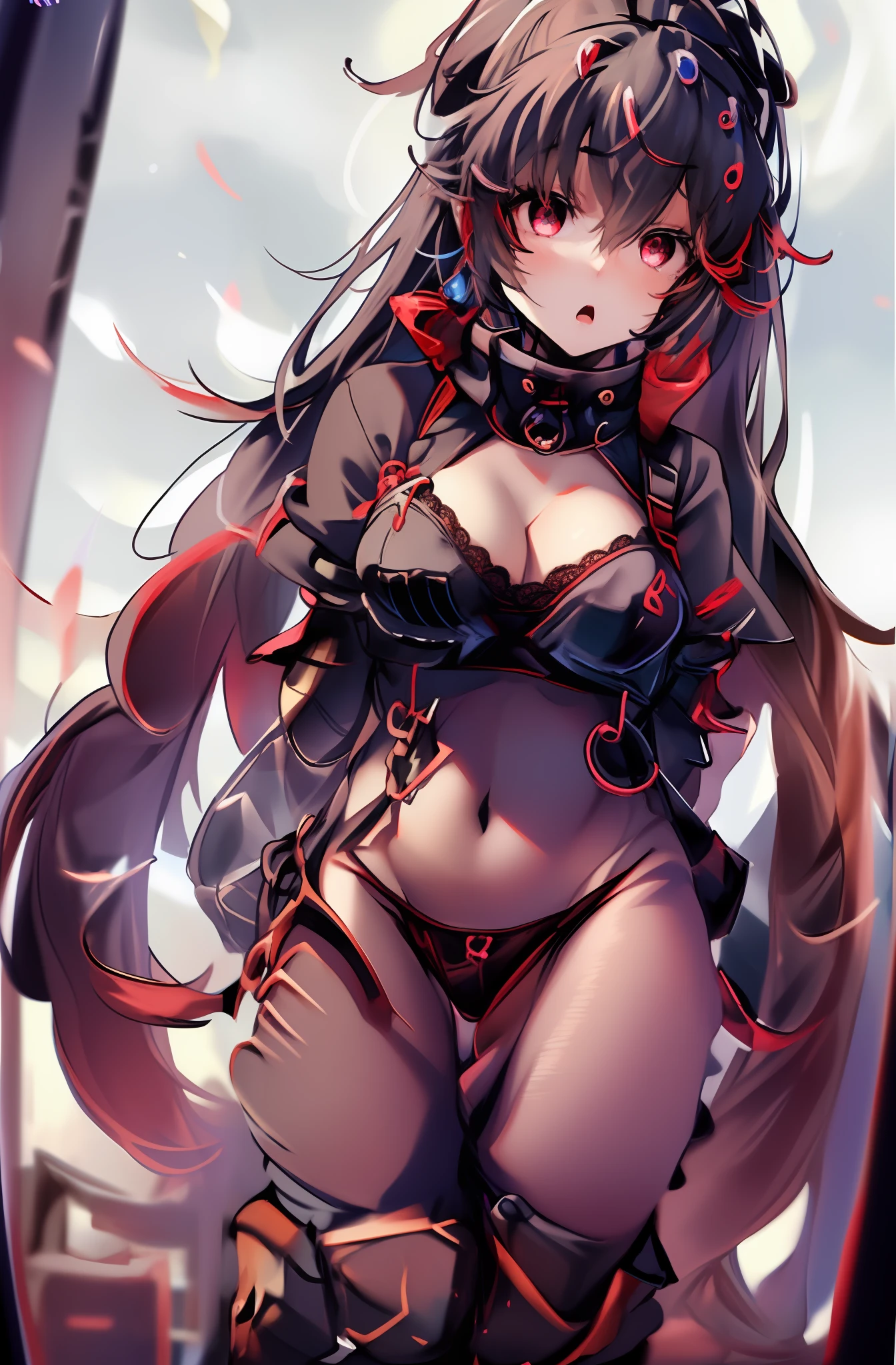 ((masterpiece)), (best quality), (detailed), 1girl,
looking at viewer, surprised, knees up,
long chestnut hair, ponytail,
intricate lace lingerie,
sky, vivid colors, sharp focus,