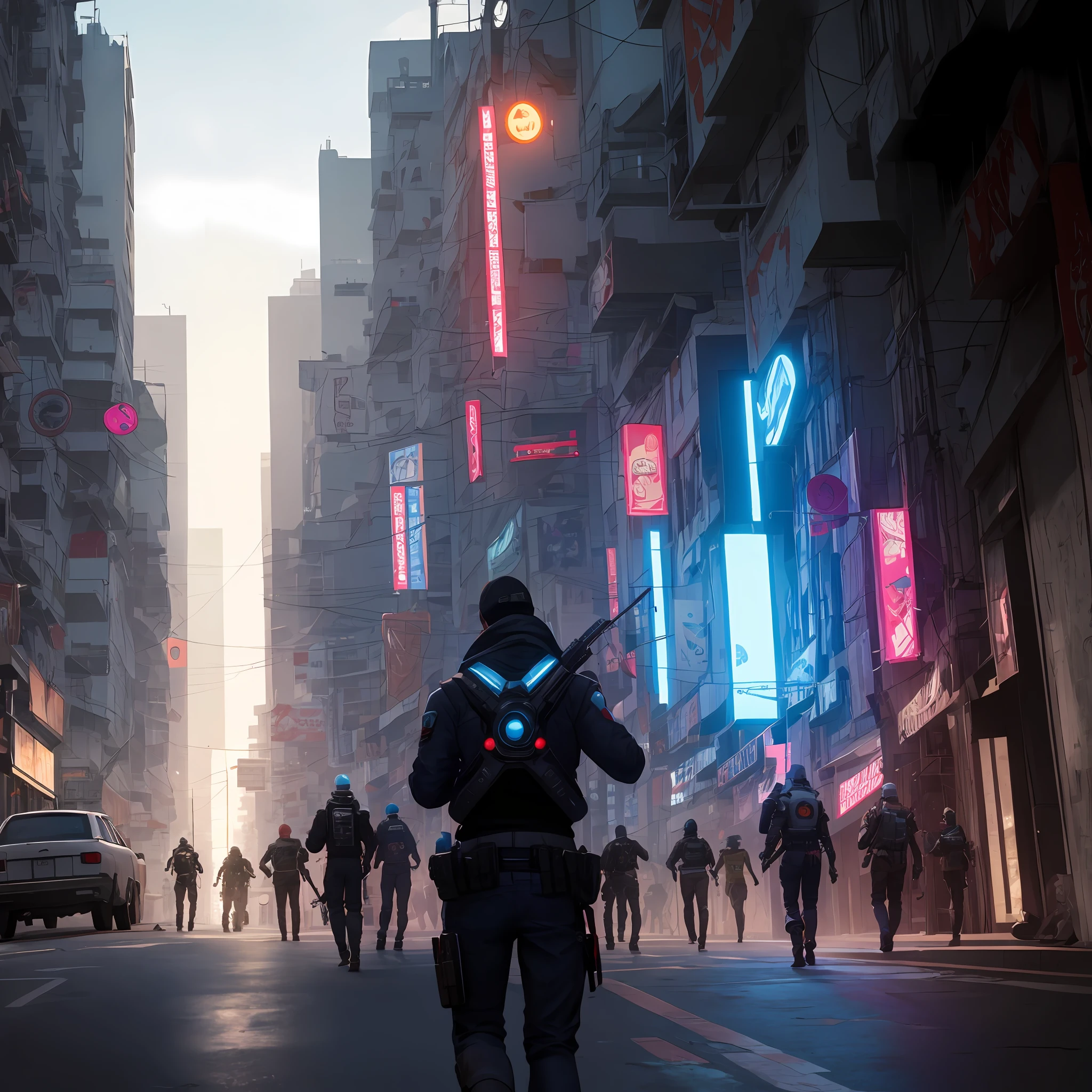 Cyberpunk, Sniper mirando pela janela em 1 pessoa com superpoderes na rua.rua movimentada. cara sem-teto com poderes de fogo. na rua movimentada, uma cidade superpovoada cyberpunk movimentada ao fundo, pessoas segurando armas, cyberpunk, cinematographic, altamente detalhado, render octano, volume illumination, luz suave, tiro de corpo inteiro, anime, valorant personagens,overwatch equipe --auto