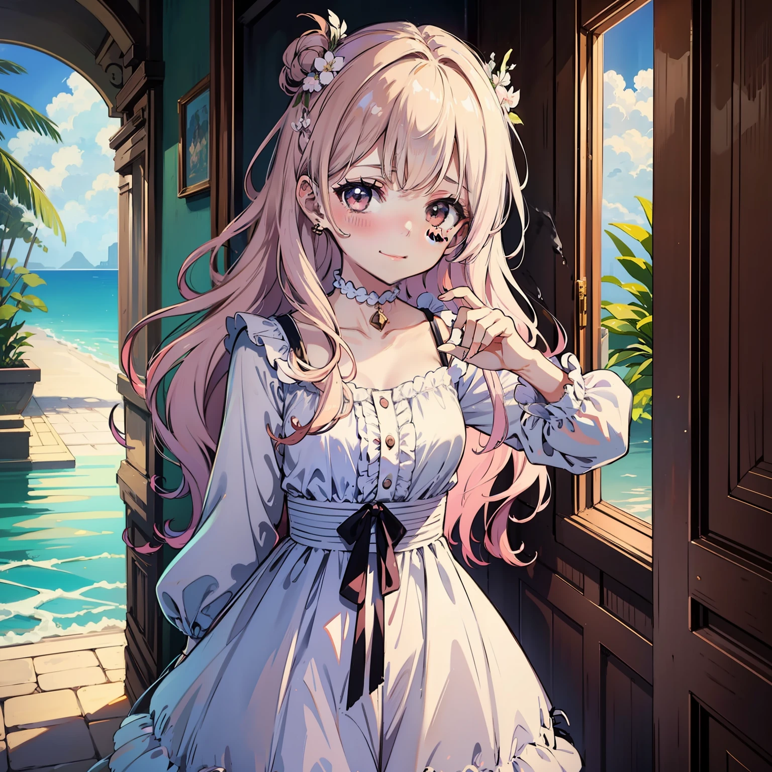(dainty, delicate), blushing, pure-hearted girl with a small smile, gaze averted but shyly looking up, ((pastel colors)), soft focus, in a white summer dress adorn with pearls