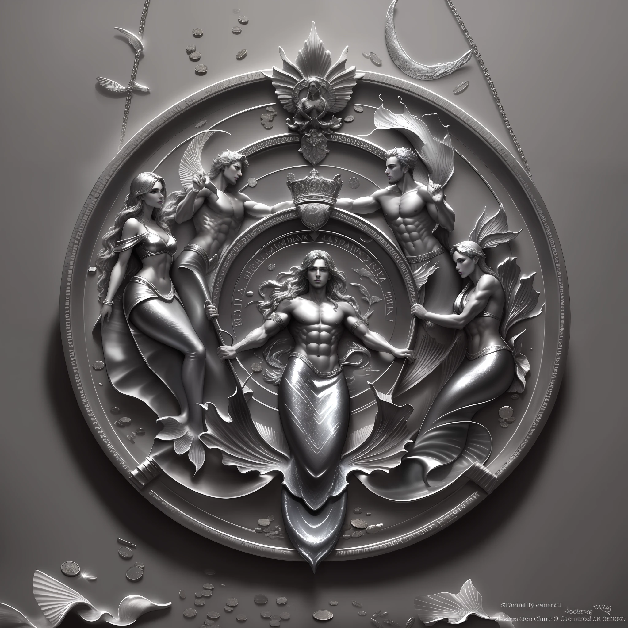 Flattened embossed coins，Sterling silver，Silver coins，One color，monochromel，Gemstones around，monochromel，Metal badge，Metallic texture，metallic shine，There are mermaids and male mermaids，Female mermaid，statues，The upper left and upper right male mermaids have abs and pectoral muscles，Art Nouveau octane rendering，octane rend，extremly high detail，Jet black background，Black flannel