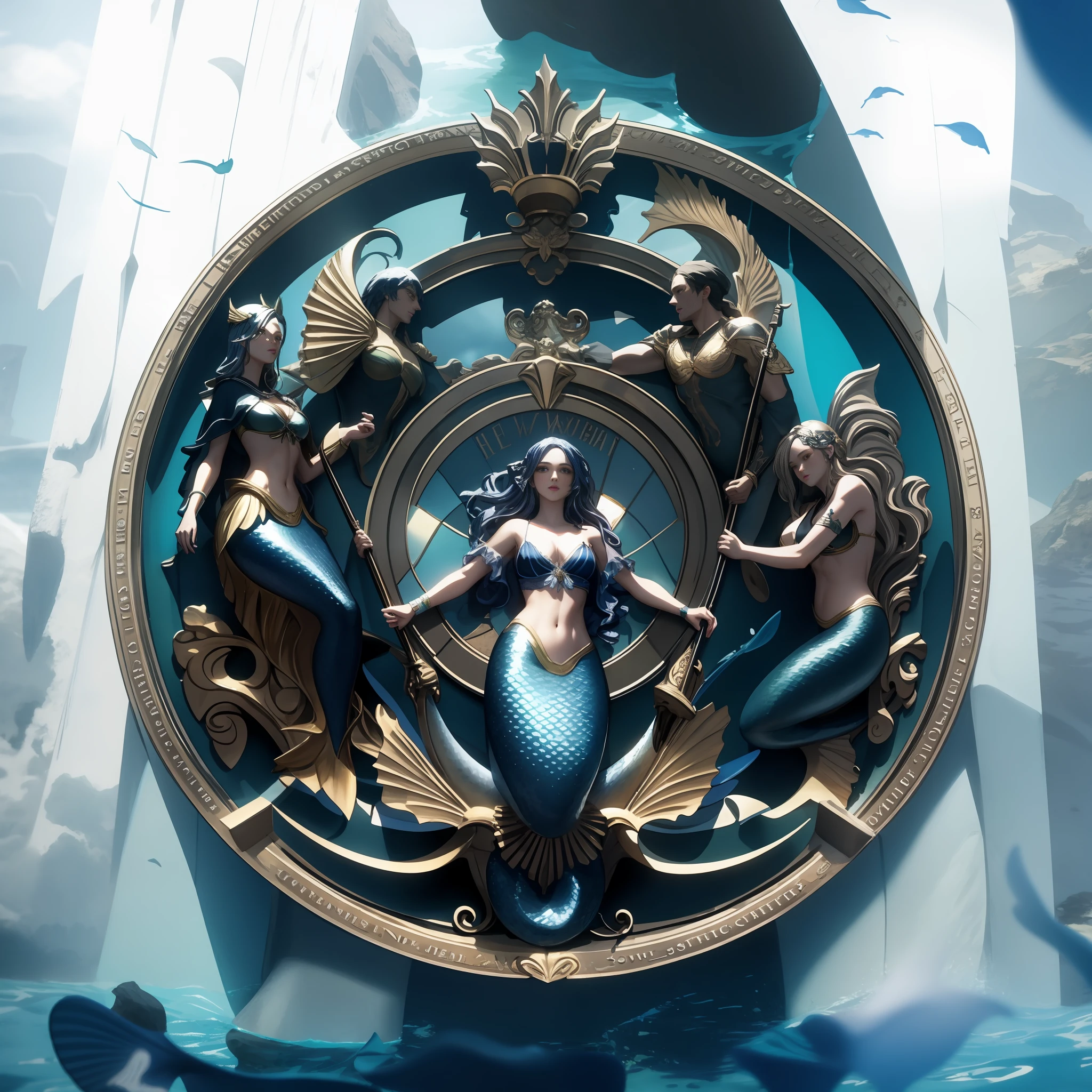 Color illustration,Scene in the sea,There are mermaids and male mermaids,Female mermaid,statues,The upper left and upper right male mermaids have abs and pectoral muscles,Art Nouveau octane rendering,3D sculpture octane rendering 8 K,unreal engine rendered,3D sculpture 8K octane rendering,Shocking fantasy 3D rendering,abstract occult epic composition,Intricate artwork。octane rend。extremly high detail,Jet black background,Black flannel