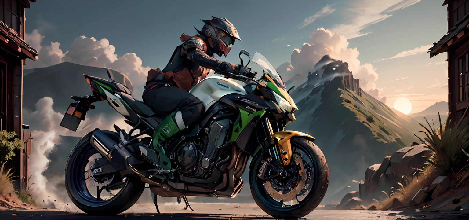 JavaPunkAI， Men， Wearing Chinese-style armor， （（Wear a dark brown helmet））， Riding a Kawasaki Z1000 motorcycle， On mountain roads， The background is a bright sunset over the ocean， Move fast， motion-blur， The light from the back window is backlighted， lowkey， siluette， warm color， cinematiccomposition， 最佳质量， 4k， 8k， ultra-high-resolution， Sharp focus， intricate textures， 200mm f4 lens