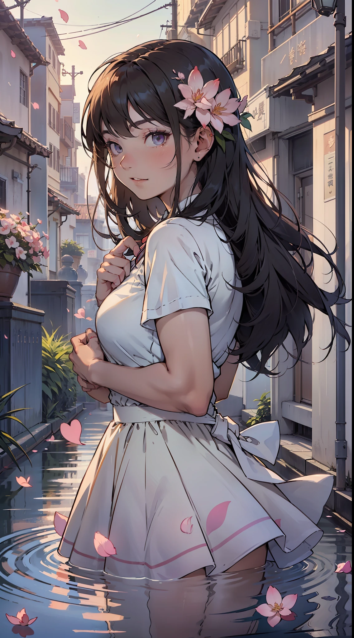 In the spring sun,She is as delicate as a flower petal,That shy look,It was as if the whole world had slowed down,Only she was there,Bloom quietly。 Her face is like the rising sun,That faint pink,Reminiscent of peach blossoms in the early morning。Her eyes were like twinkling stars,The deep black reveals an elusive mystery。These eyes are when shy,Will hang down half,Only a curved crescent shape remains,Make people want to keep looking inside,Discover the secrets of that depths。 Her demeanor has the gentleness of a virgin,Every step is like falling petals,Light and discreet。The voice in which she spoke,It's like a stream gently flowing through a stone,That soft and sweet voice,As if it can melt the hardest heart。 When she laughed,Like a spring breeze gently blowing through the fields,It fills people's hearts with warmth。And when she lowered her head shyly,Her cheeks would glow a thin shade of red,It was an unspeakable innocence and shyness。 Her heart is full of passion and dreams,It's just that she's ashamed to express,Often keep them in the back of their hearts。Her shyness is her most unique brilliance,Make her unique among all,It's unforgettable。 Her shyness,It is an innocence,It is a kind of introversion,It's an emotion,It makes her beauty even more moving,More radiant。It's like a spring flower,Although shy,But still enthusiastically open,Her shyness also makes her more real,More glamorous。,Top-down view,(Digital artwork:1.3),(a sketch:1.1)((Octane rendering)),the city streets,High-rise tail alley,(Shy girl,head lowered,Hold your index fingers in front of your chest and touch each other,shylily,face red),((JK school uniform,short-cut hair)),Full body like,Realistic digital painting portrait,shot at 8k resolution,Gasoline liquid,color pastel,splashart,Pink and blue and purple petals,Lithography in intricate details,(light particules:1.2),(game concept:1.3),(depth of view:1.3),Global illumination,with rich details,Trends on ArtStation,((illustrious)),ultra fine,16K r