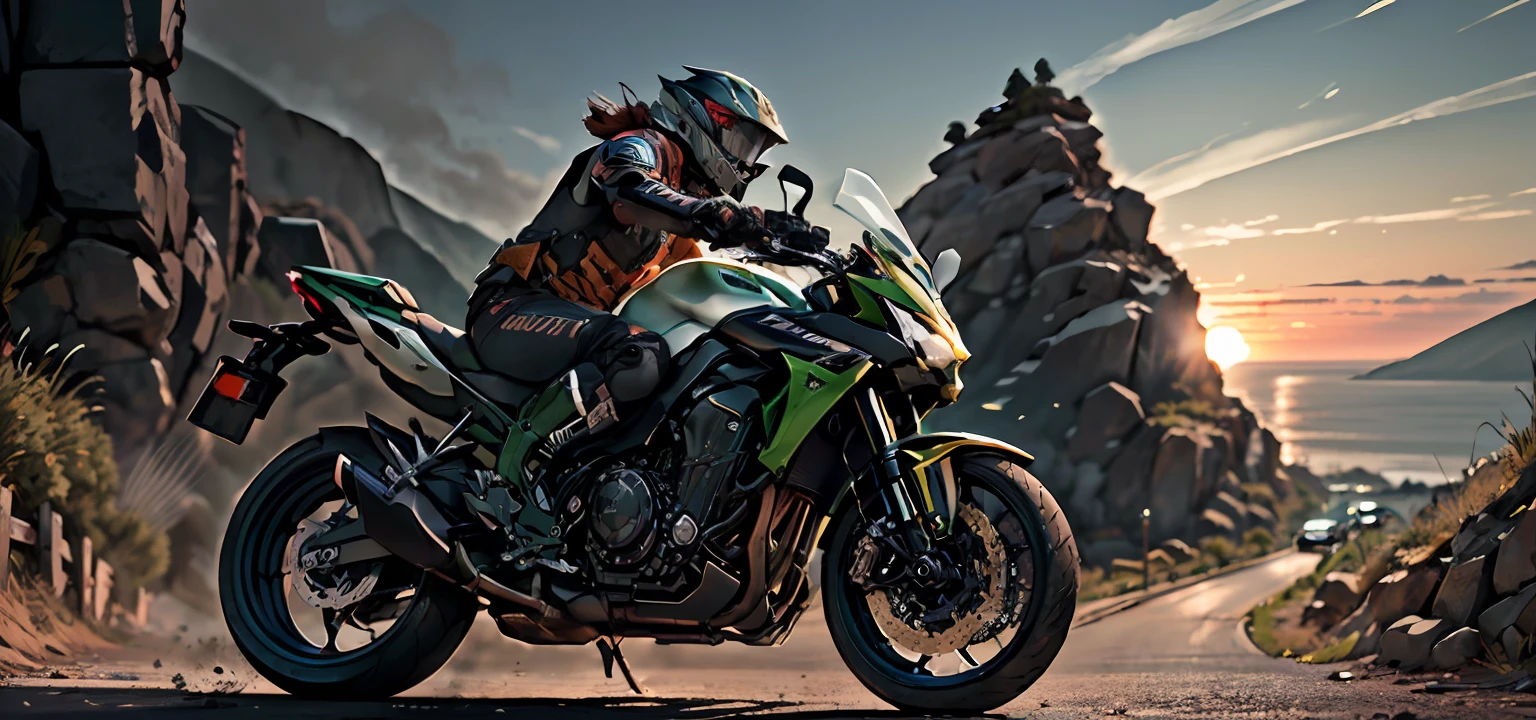 JavaPunkAI， Men， Wearing Chinese-style armor， （（Wear a dark brown helmet））， Riding a Kawasaki Z1000 motorcycle， On mountain roads， The background is a bright sunset over the ocean， Move fast， motion-blur， The light from the back window is backlighted， lowkey， siluette， warm color， cinematiccomposition， 最佳质量， 4k， 8k， ultra-high-resolution， Sharp focus， intricate textures， 200mm f4 lens