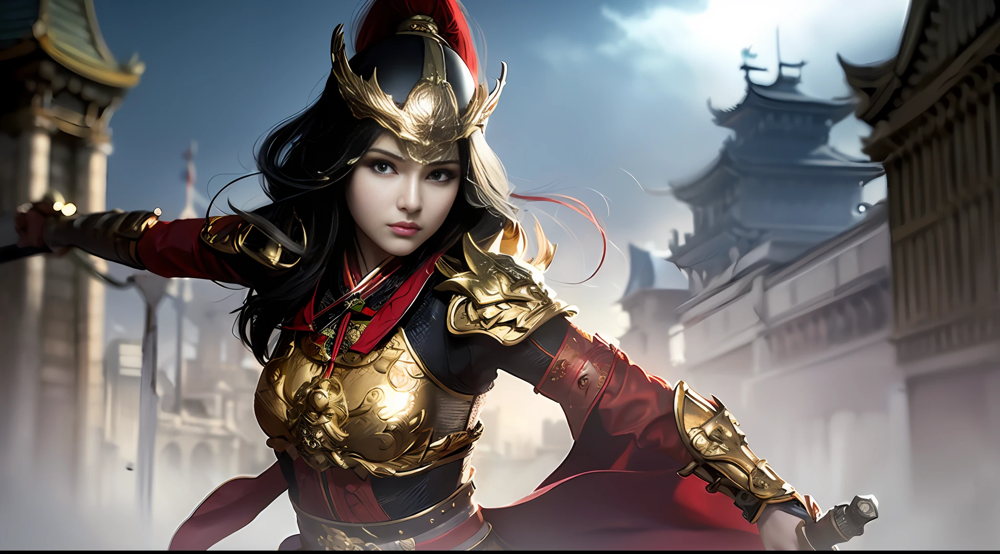 1woman,The face is delicate,Gray pupils,shelmet,Ancient Chinese Battlefield,Ancient battlefield fighting background,Hold a delicate sword in hand(The sword is in sight),Kill to impress the scene,Outrage,Tuuli,smoke of gunpowder,motion-blur,Half-body,Holographic Display,Studio lighting,Bright overall,masterpaintings,最佳质量,32K
