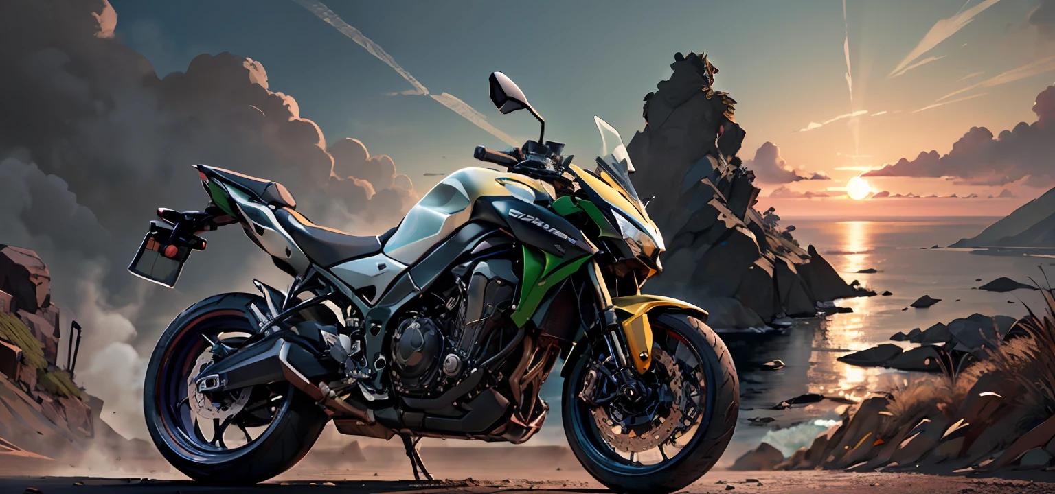 JavaPunkAI， Men， Wearing Chinese-style armor， （（Wear a dark brown helmet））， Riding a Kawasaki Z1000 motorcycle， On mountain roads， The background is a bright sunset over the ocean， Move fast， motion-blur， The light from the back window is backlighted， lowkey， siluette， warm color， cinematiccomposition， 最佳质量， 4k， 8k， ultra-high-resolution， Sharp focus， intricate textures， 200mm f4 lens