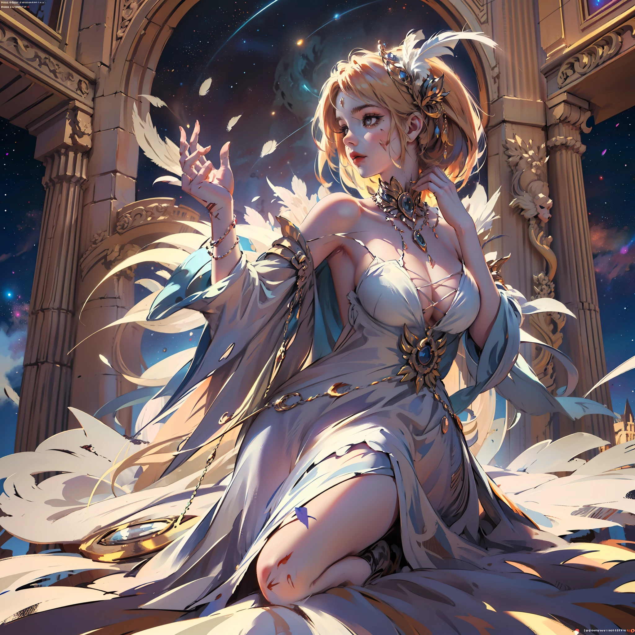 (((hyper detail))),(Extreme detail CG Unity 8K wallpaper, masterpiece, top quality), (exquisite lighting and shadows, very dramatic images, beautiful girl), (cinematic lens effect), concept art, costumes are torn, after battle, scratches, blood, injuries, , stars, magic world, magical country, looking far away, magic country, Alphonse Mucha, decadence, ruin, space, Full body, feathers, royal costume, (dynamic pose), background is space (good detail, good lighting, wide angle), excellent rendering, decadent, grain film, detailed gradient
