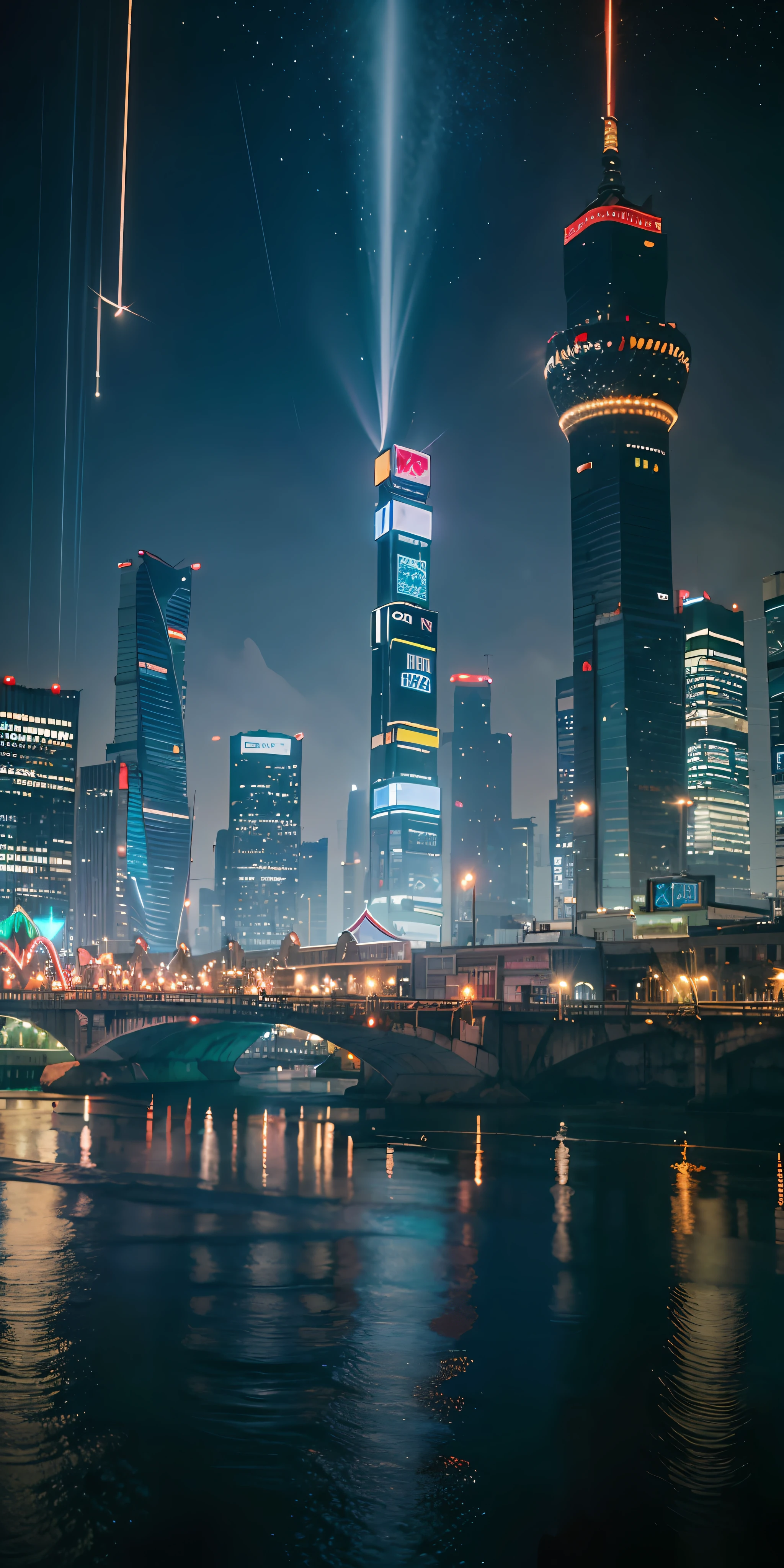 Cinematic, dynamic visuals with vibrant energy, evocative of the shimmering lights of Shanghai, in stunning 4K resolution, with every detail meticulously emphasized)