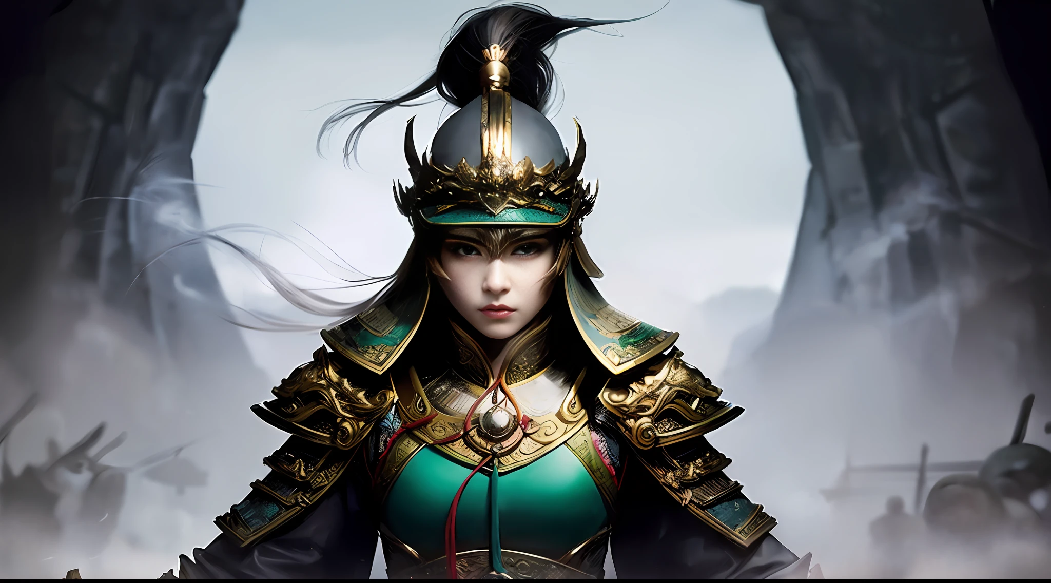 1woman，The face is delicate，Gray pupils，shelmet，Ancient Chinese Battlefield，Ancient battlefield fighting background，Hold a delicate sword in hand(The sword is in sight)，Hand detail，Kill to impress the scene，Outrage，Tuuli，smoke of gunpowder，motion-blur，Holographic Display，Bright overall，masterpaintings，最佳质量，32K