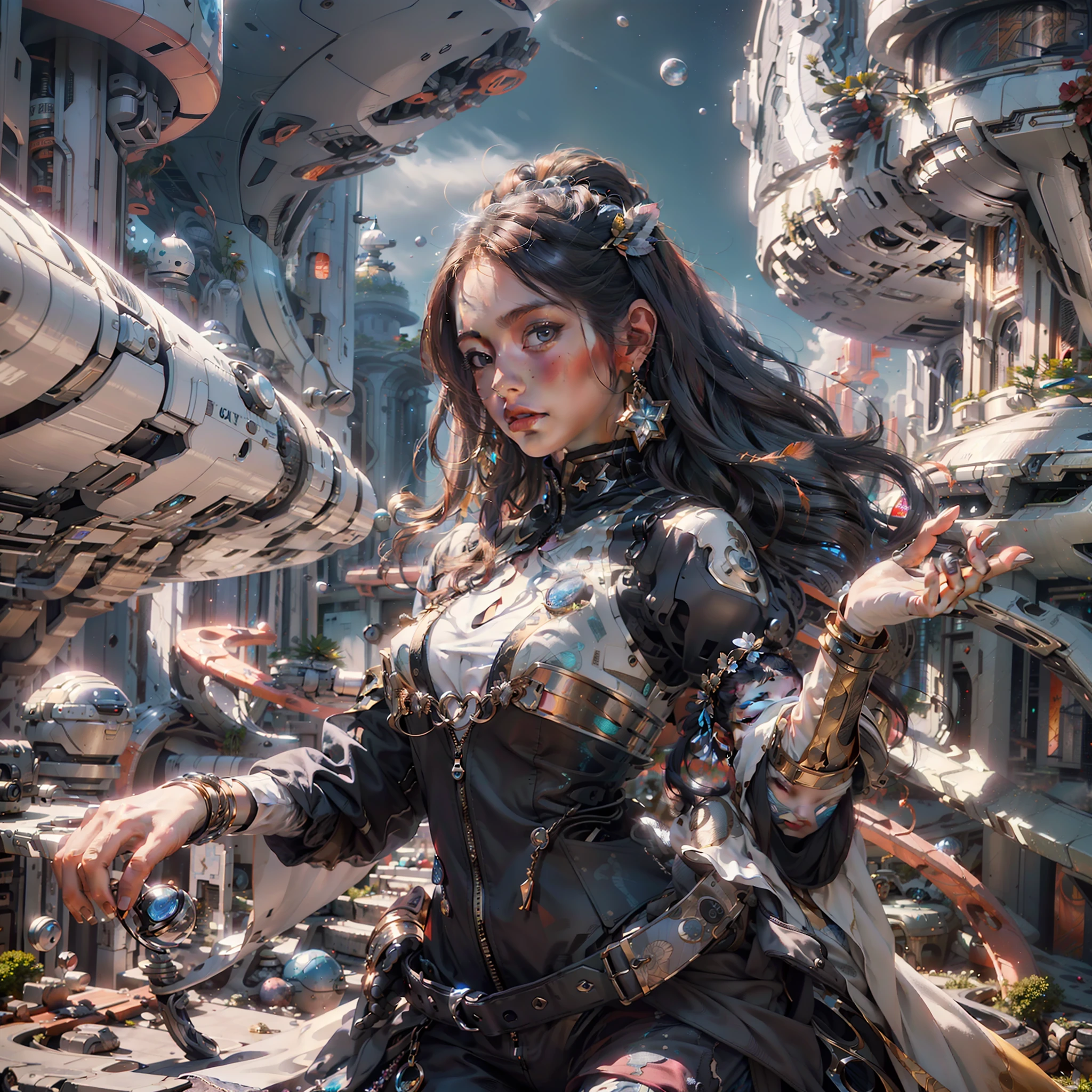 (((hyper detail))),(Extreme detail CG Unity 8K wallpaper, masterpiece, highest quality), (exquisite lighting and shadows, very dramatic images, beautiful girl), (cinematic lens effects), concept art, starry sky, ruin, sandstorm, haze, stars, magic world, magical country looking far away, Alphonse Mucha, decadence, ruin, space, full body, feathers, royal costume, ( Dynamic Pose), the background is space (good detail, good lighting, wide angle), good rendering, decadent, grain film, detailed gradient