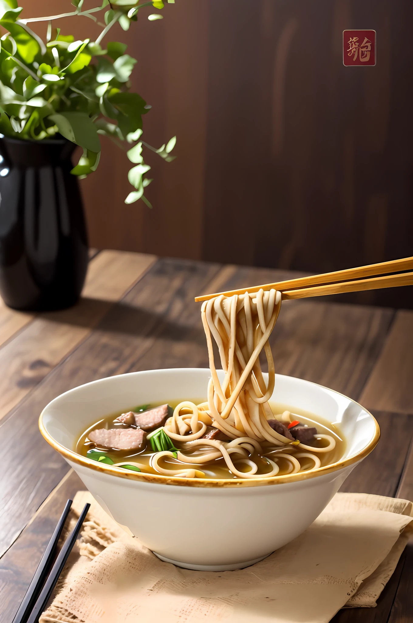 There is a bowl of noodles on the table, White bowl,Chopsticks pick up the noodles, It has vegetables and meat on top, No hands,Golden broth, delicacy, real photograph, f/4.0, three sided view, High details, High quality