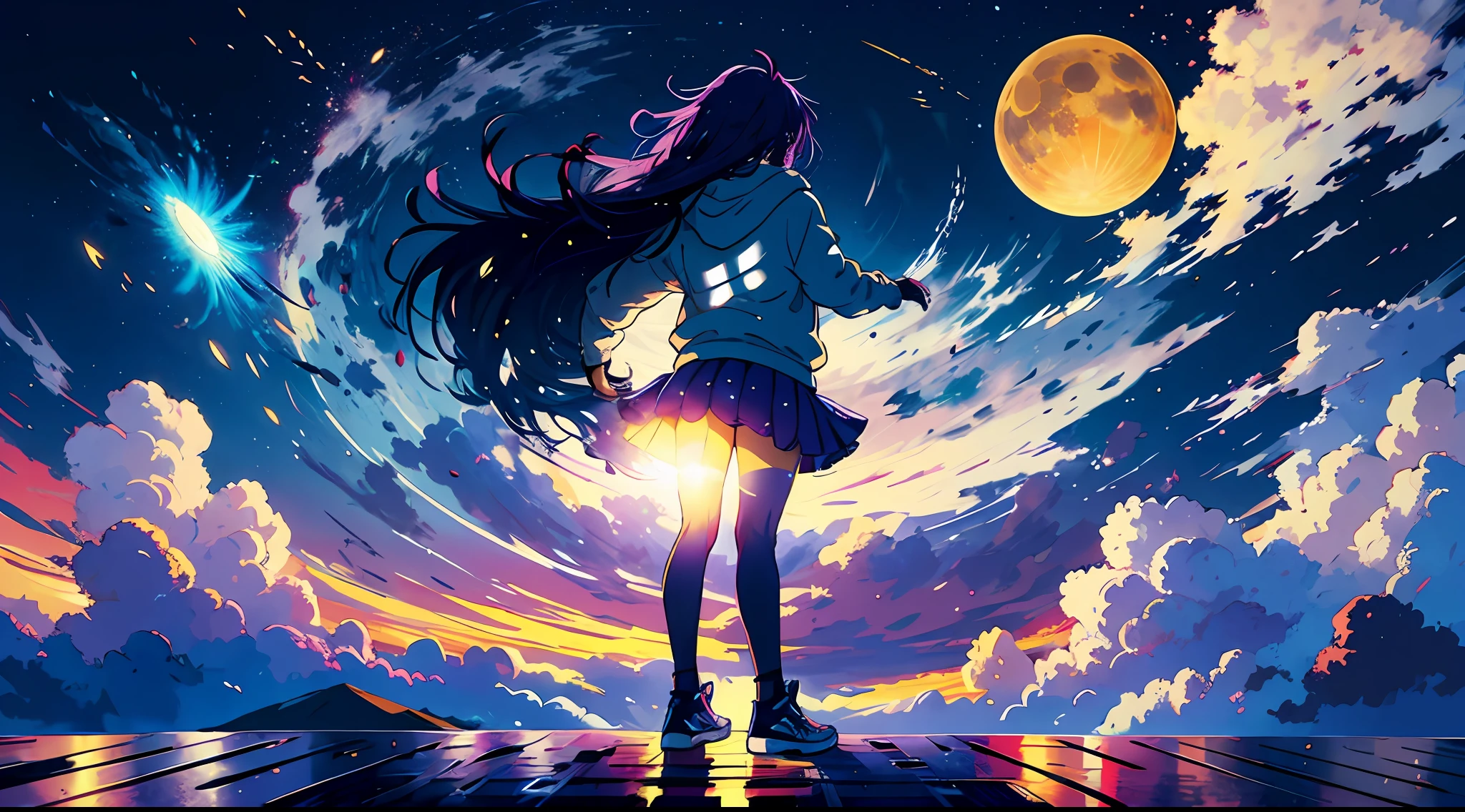 Falling meteorites、1girl, long purple hair, Modern hoodies, mini-skirts, Converse Shoes, Modern City, On the edge of the roof of the skyscape, at noon, the sun, blue skies, the clouds, (photographed from behind)), A low-angle, Volumetric Light, 8K, beste-Quality, sharp, specifics、Moon and Sun、Crystal clear night sky