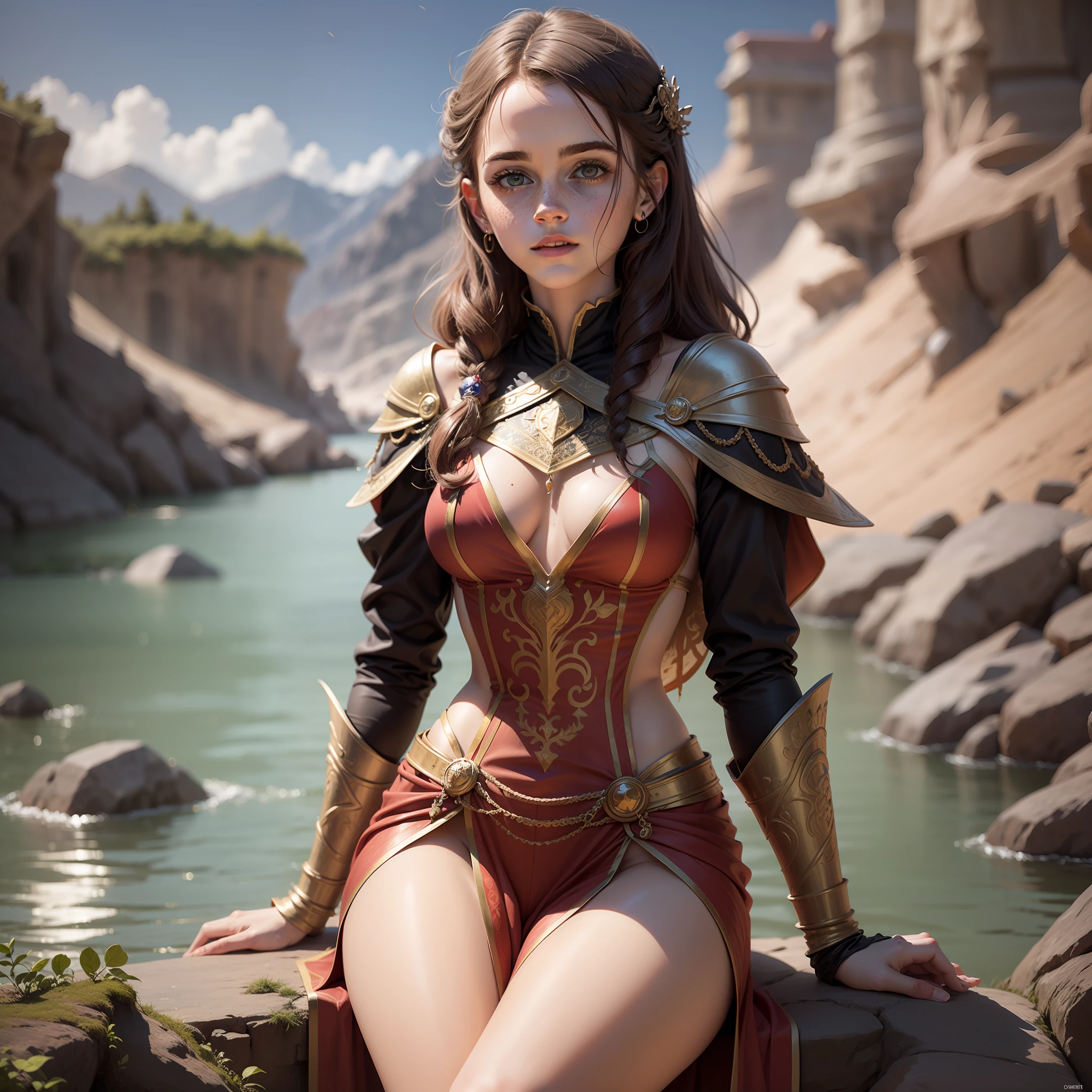 emma watson as a red priestess girl. tight intricate suit. freckles, beautiful face, masterpiece, intricate detail. sitting. background river. night.