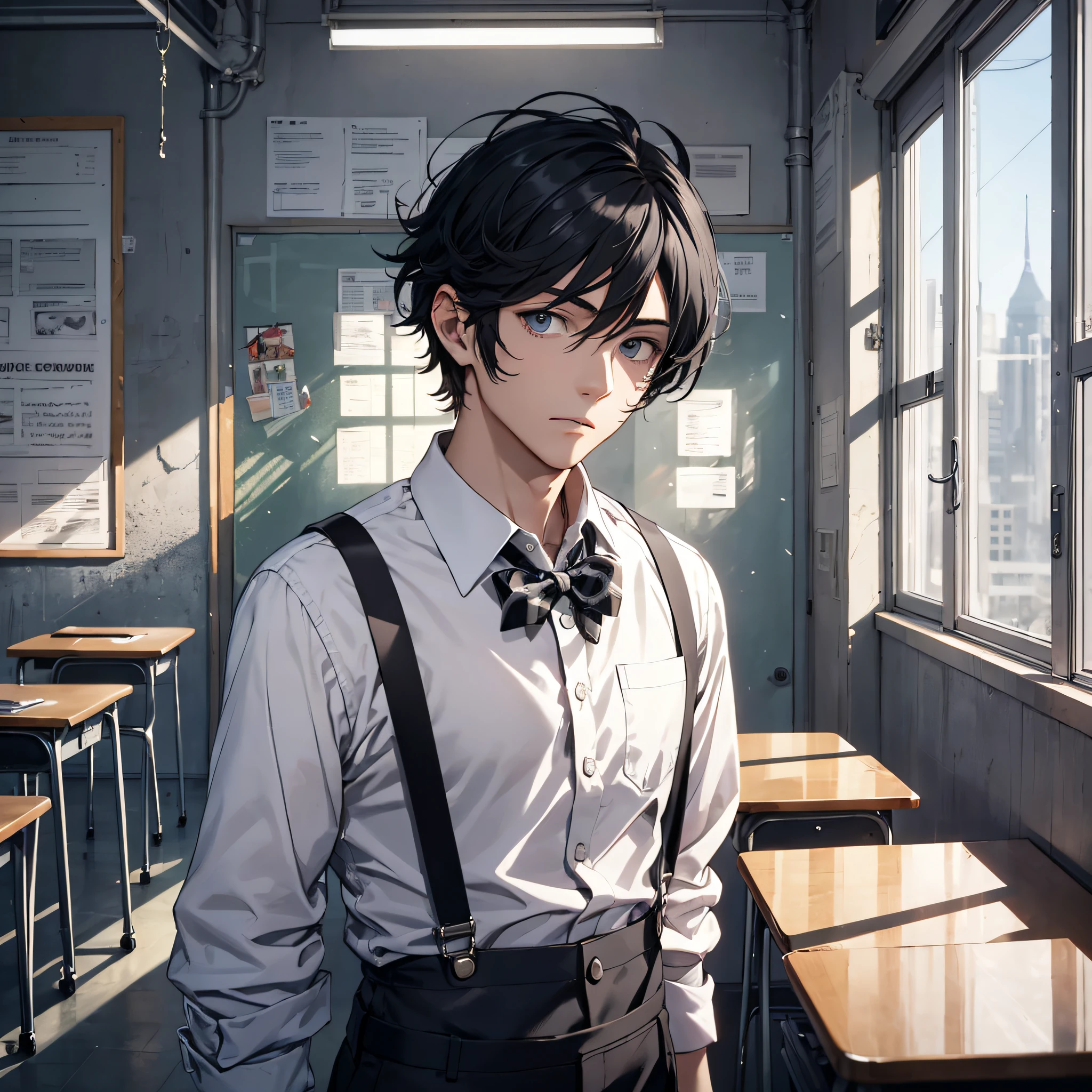 Ridiculous resolution,high resolucion,(nmasterpiece:1.4),ultra detaile,Inside the classroom,The young man had messy black hair,White suspenders,A helpless expression