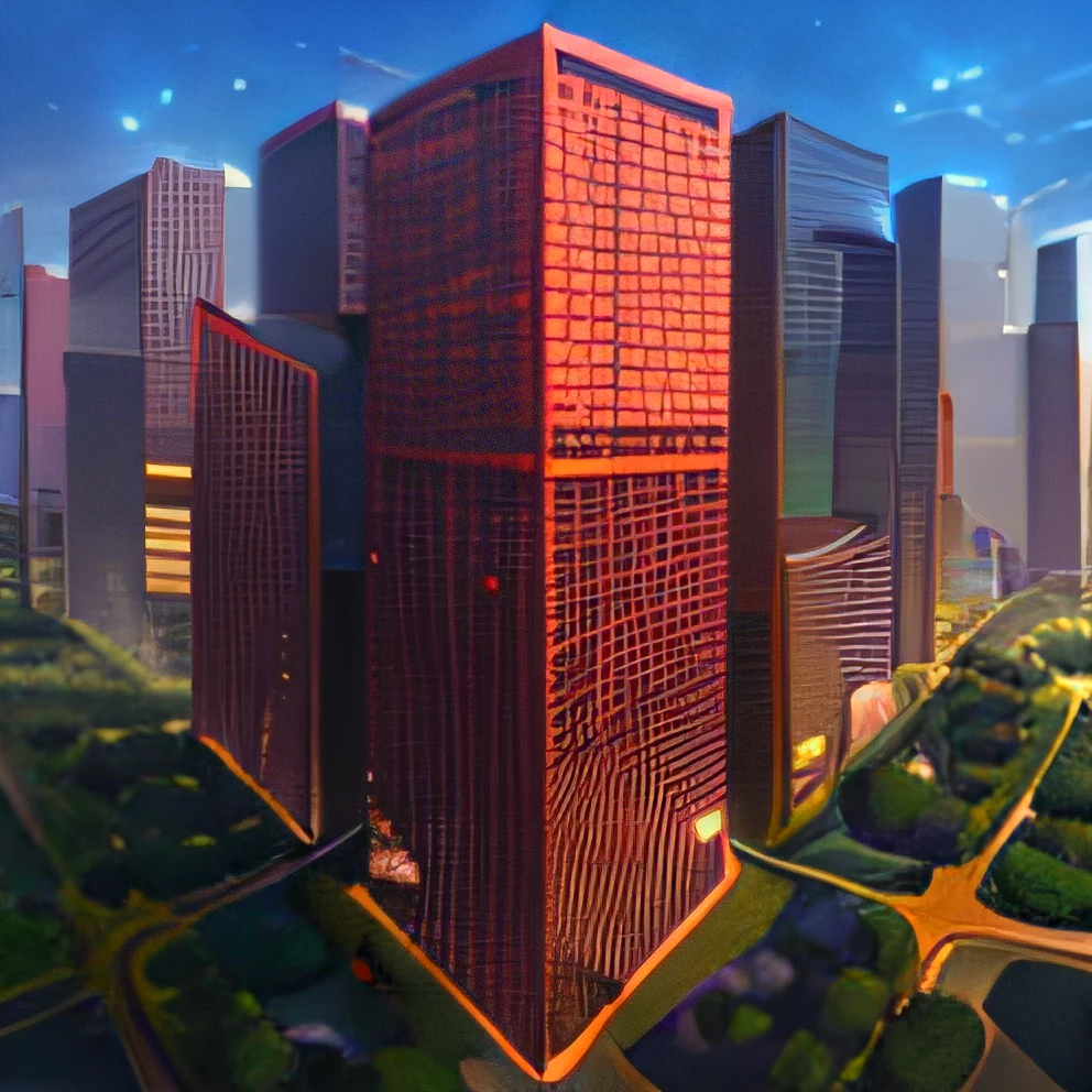 A top nigh view of colorful city with skyscrapers, buildings, tress and flying cars. High Quality and far view