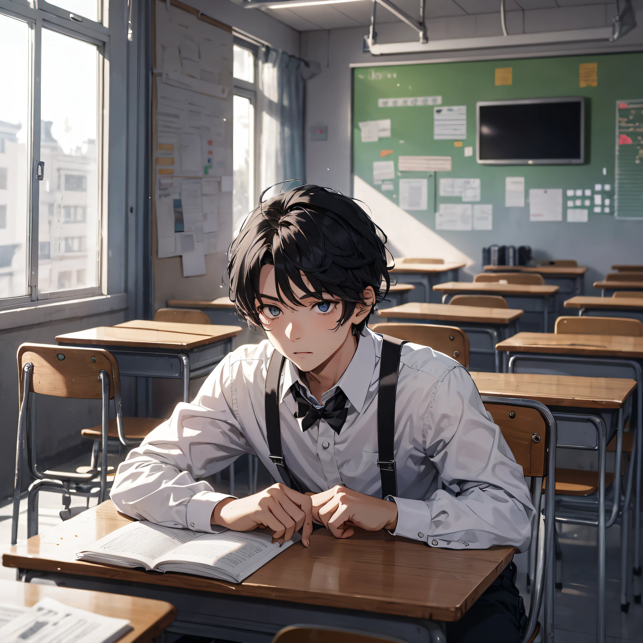 Ridiculous resolution，high resolucion，（nmasterpiece：1.4），ultra detaile，Inside the classroom，The young man had messy black hair，White suspenders，A helpless expression