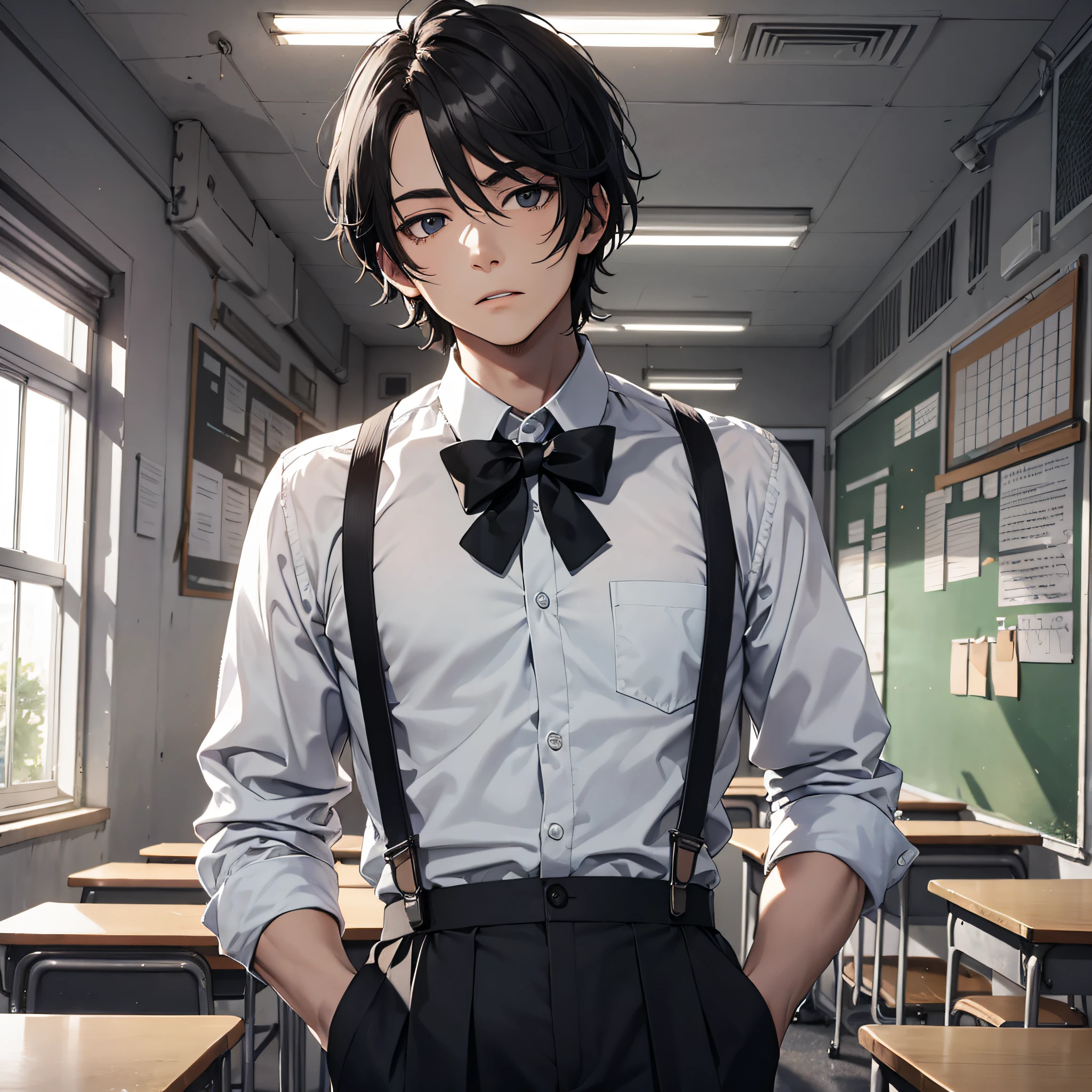 Ridiculous resolution，high resolucion，（nmasterpiece：1.4），ultra detaile，Inside the classroom，The young man had messy black hair，White suspenders，A helpless expression
